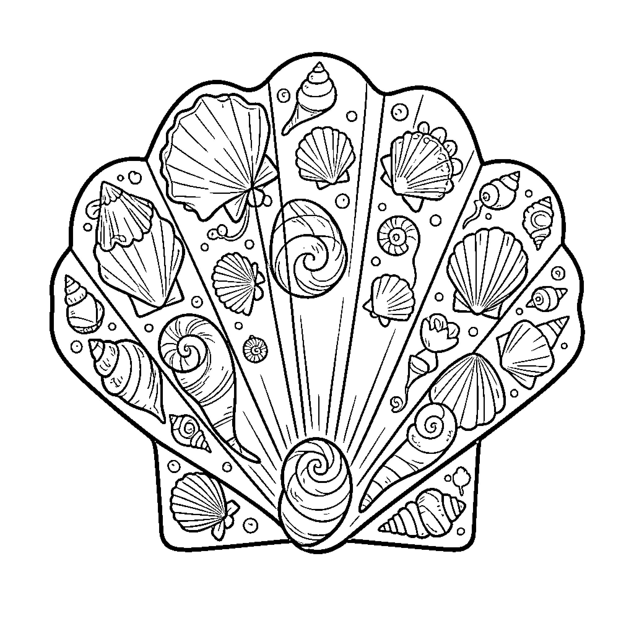 Shell Designs with Intricate Patterns Coloring Page (free black-and-white line drawing printable PDF for all, from beginners to advanced learners, including children, teens, adults, and seniors)