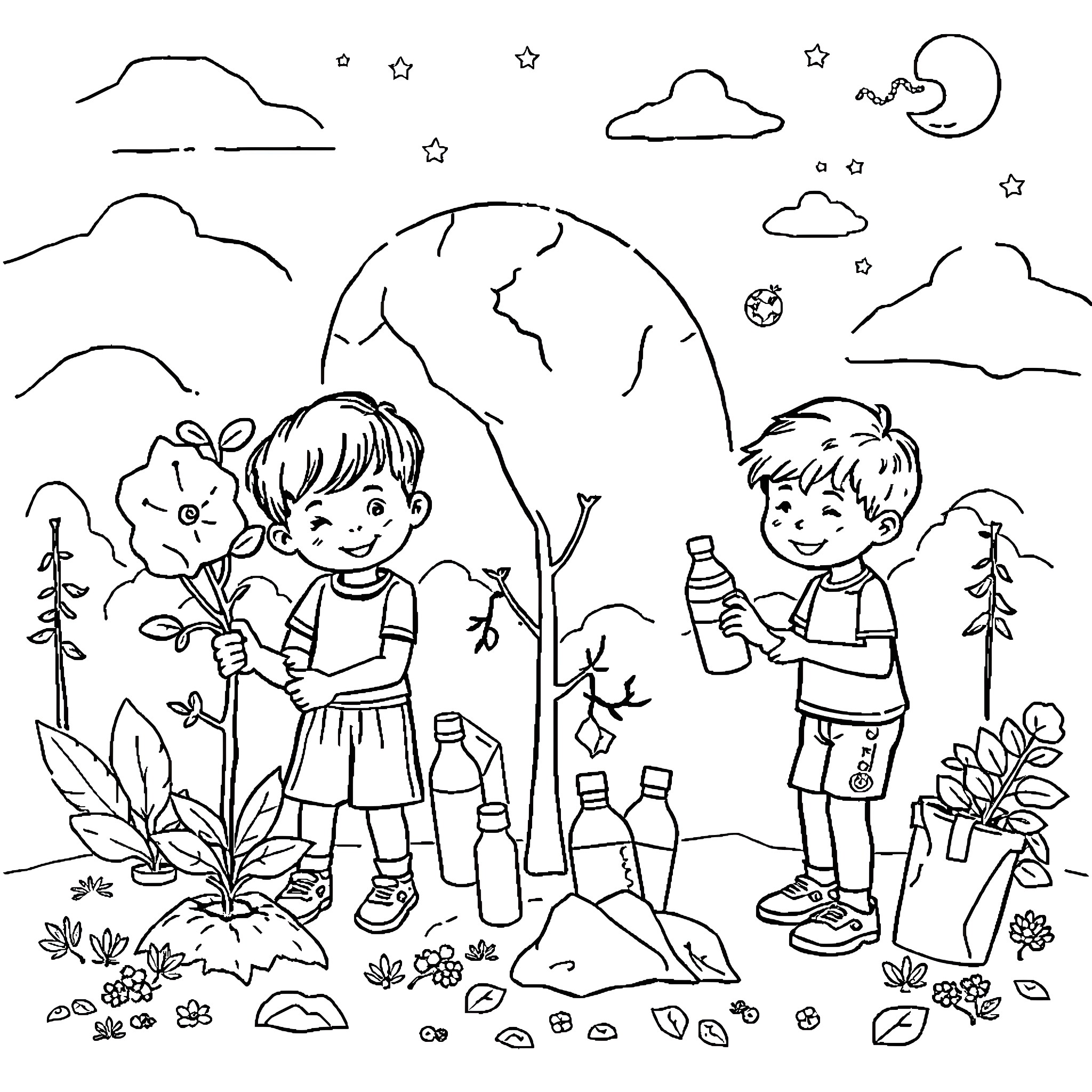 Child Exploring Nature Together with Friend Coloring Page (free black-and-white line drawing printable PDF for all, from beginners to advanced learners, including children, teens, adults, and seniors)