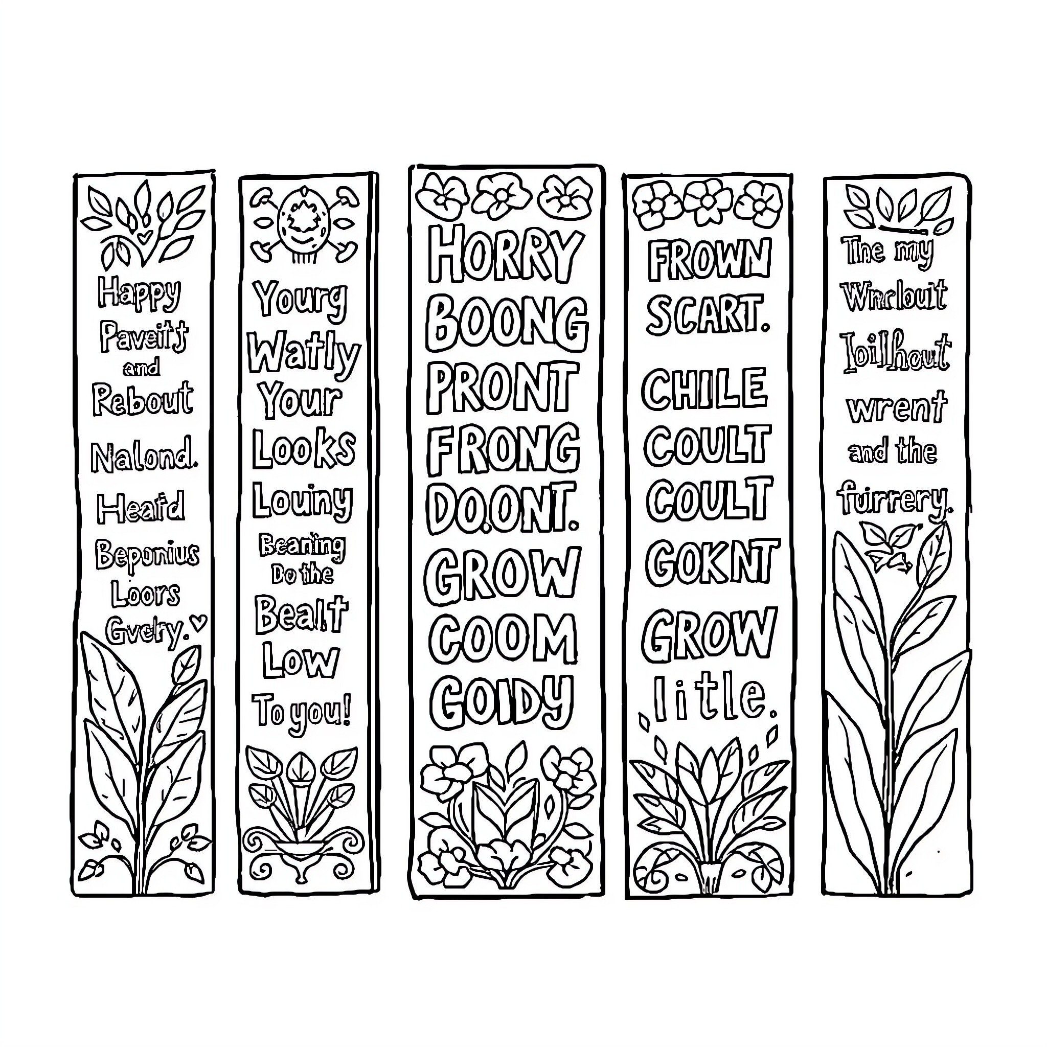 Bookmark Featuring Whimsical Floral Designs and Uplifting Phrases Coloring Page (free black-and-white line drawing printable PDF for all, from beginners to advanced learners, including children, teens, adults, and seniors)