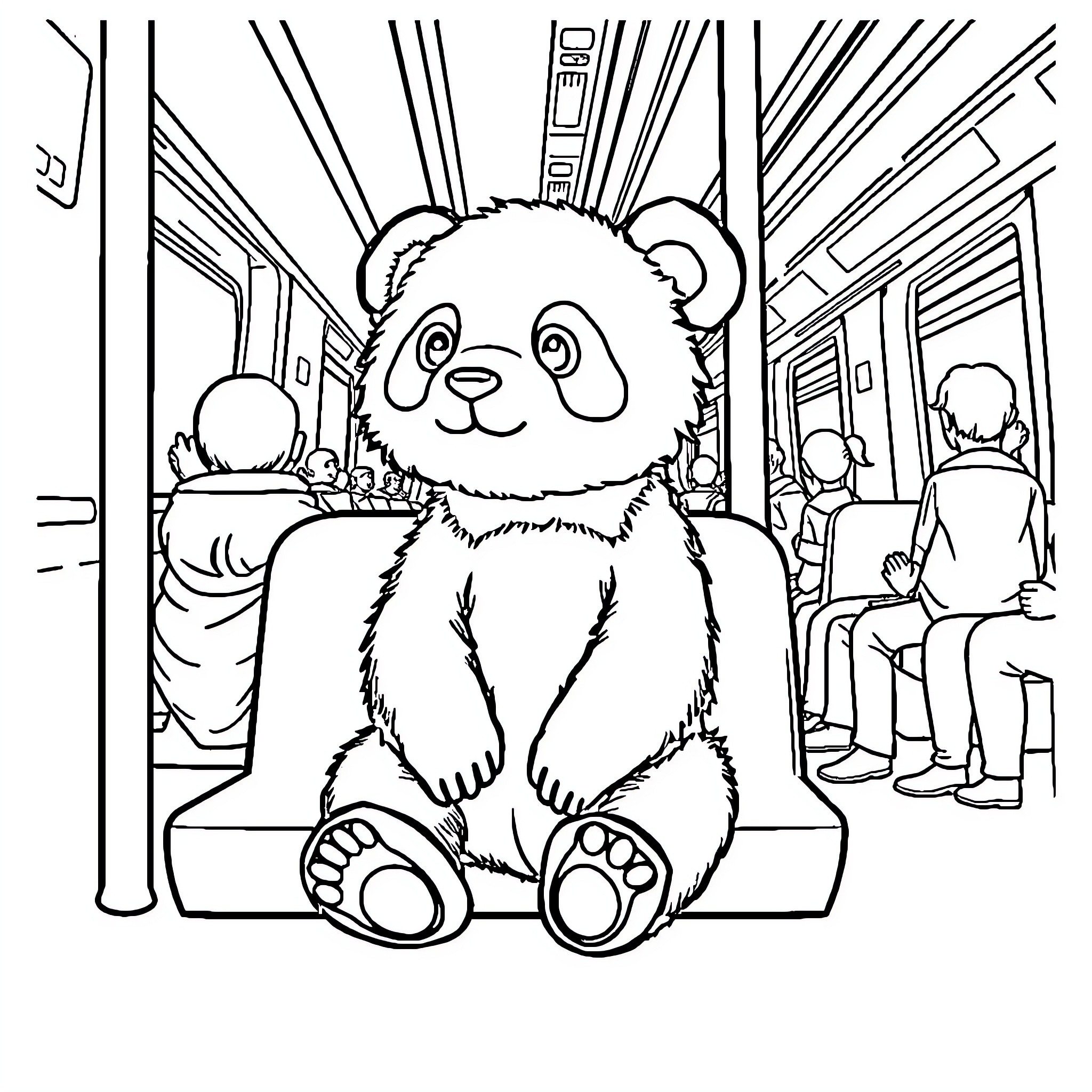 Panda riding public transportation Coloring Page (free black-and-white line drawing printable PDF for all, from beginners to advanced learners, including children, teens, adults, and seniors)