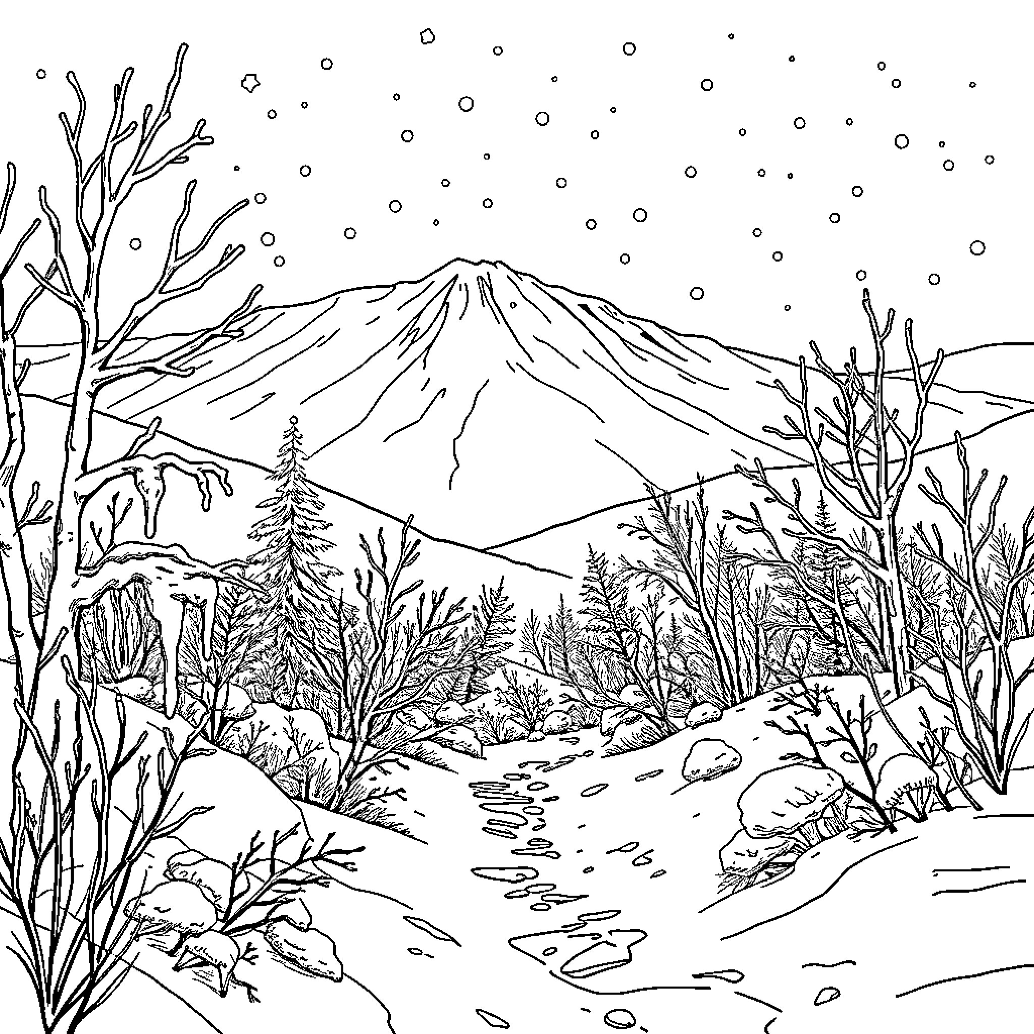 Frozen scenic mountain landscape with snowy path Coloring Page (free black-and-white line drawing printable PDF for all, from beginners to advanced learners, including children, teens, adults, and seniors)