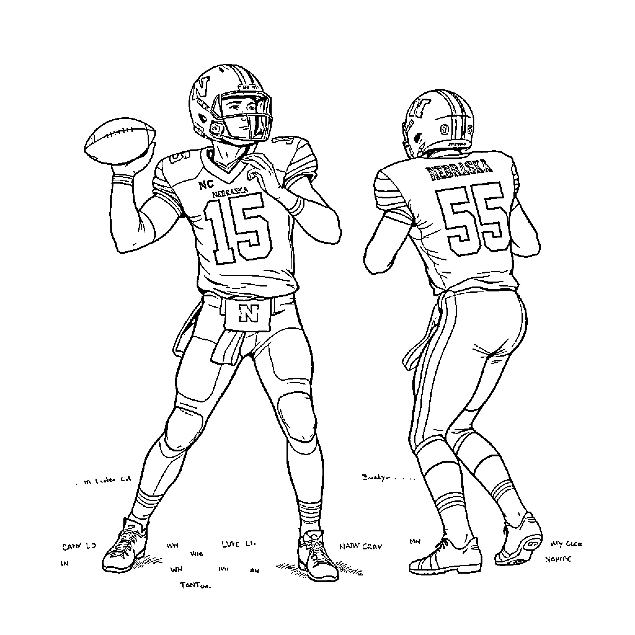 Football Players in Action Poses Coloring Page (free black-and-white line drawing printable PDF for all, from beginners to advanced learners, including children, teens, adults, and seniors)