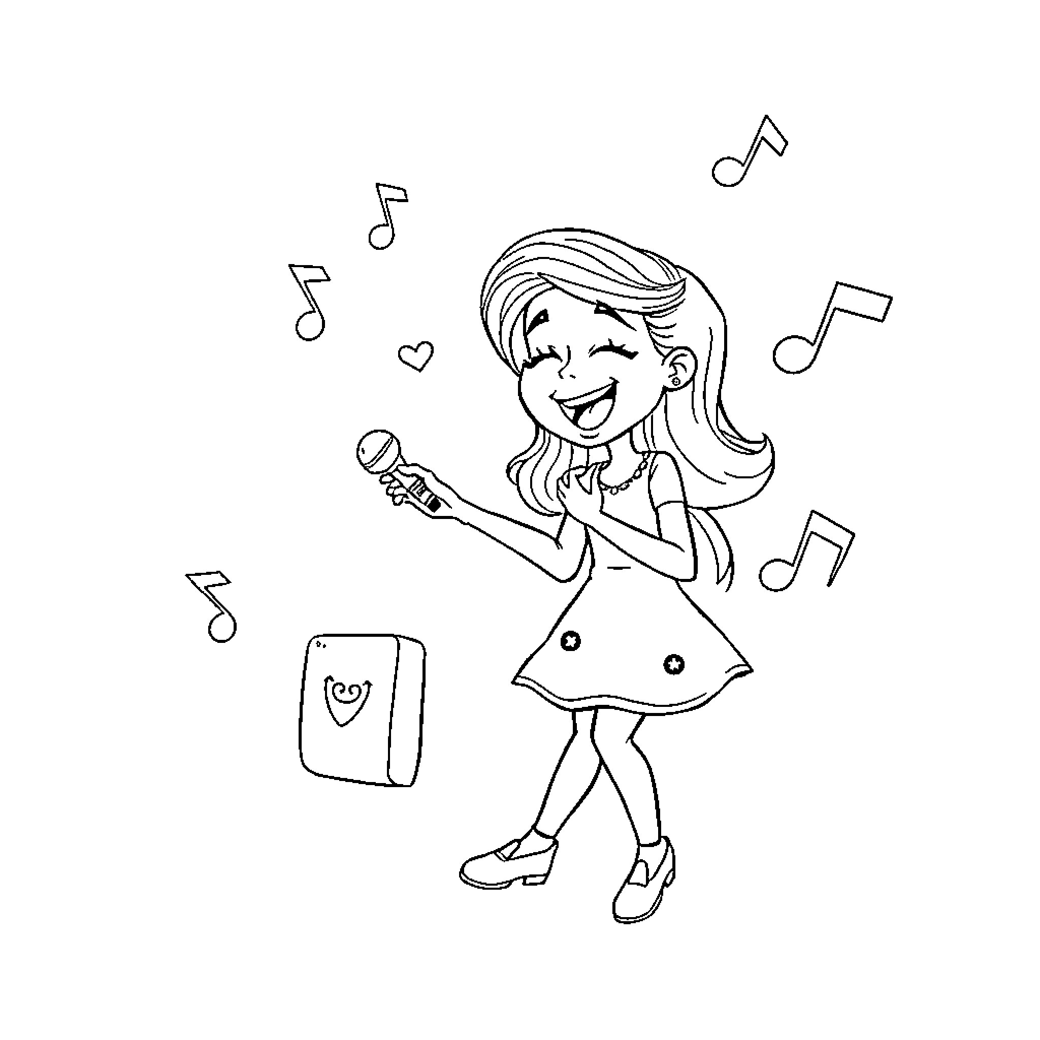 Zoë singing and dancing with joy Coloring Page (free black-and-white line drawing printable PDF for all, from beginners to advanced learners, including children, teens, adults, and seniors)
