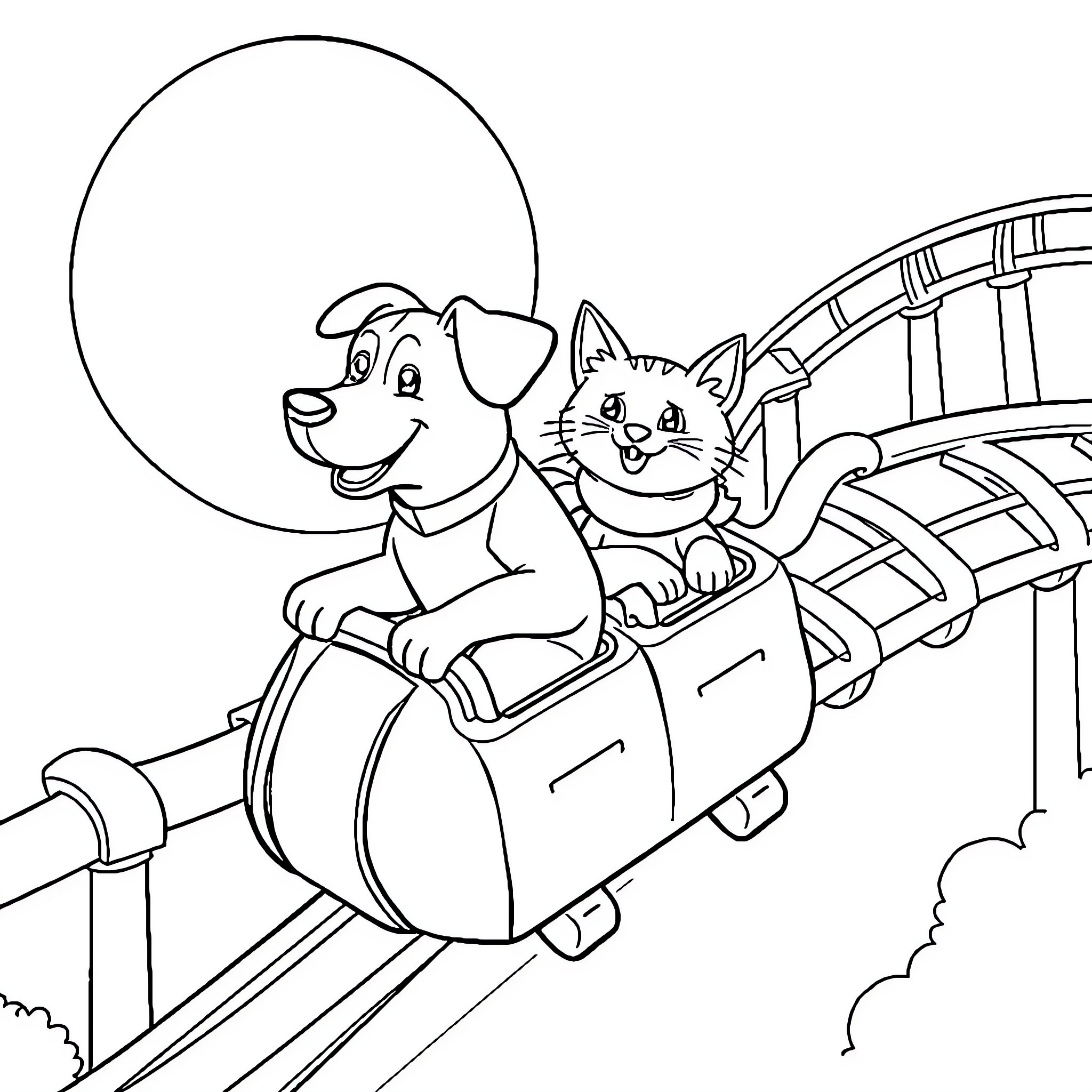Dog and cat riding roller coaster together Coloring Page (free black-and-white line drawing printable PDF for all, from beginners to advanced learners, including children, teens, adults, and seniors)