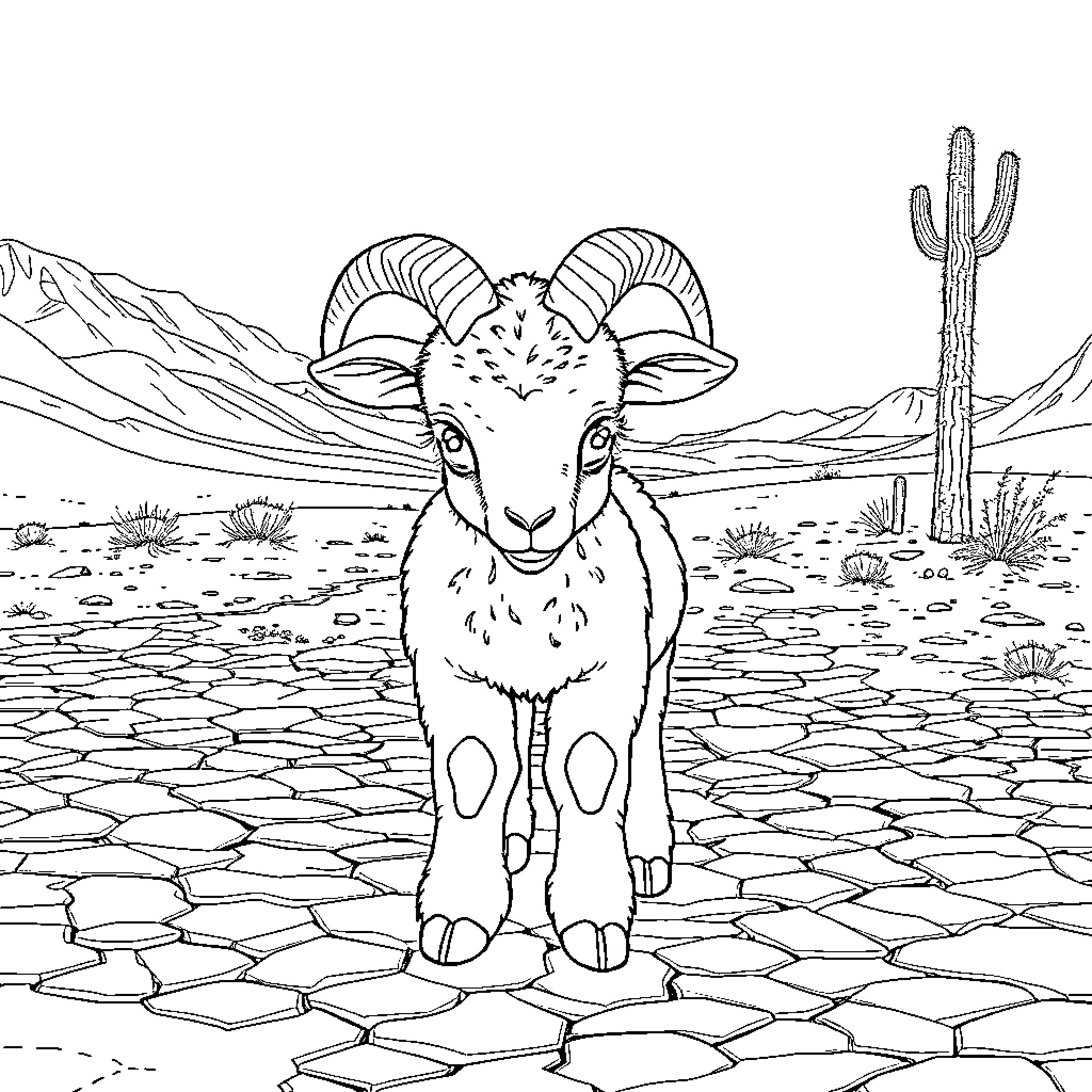 Bighorn Sheep in Desert Landscape Coloring Page (free black-and-white line drawing printable PDF for all, from beginners to advanced learners, including children, teens, adults, and seniors)