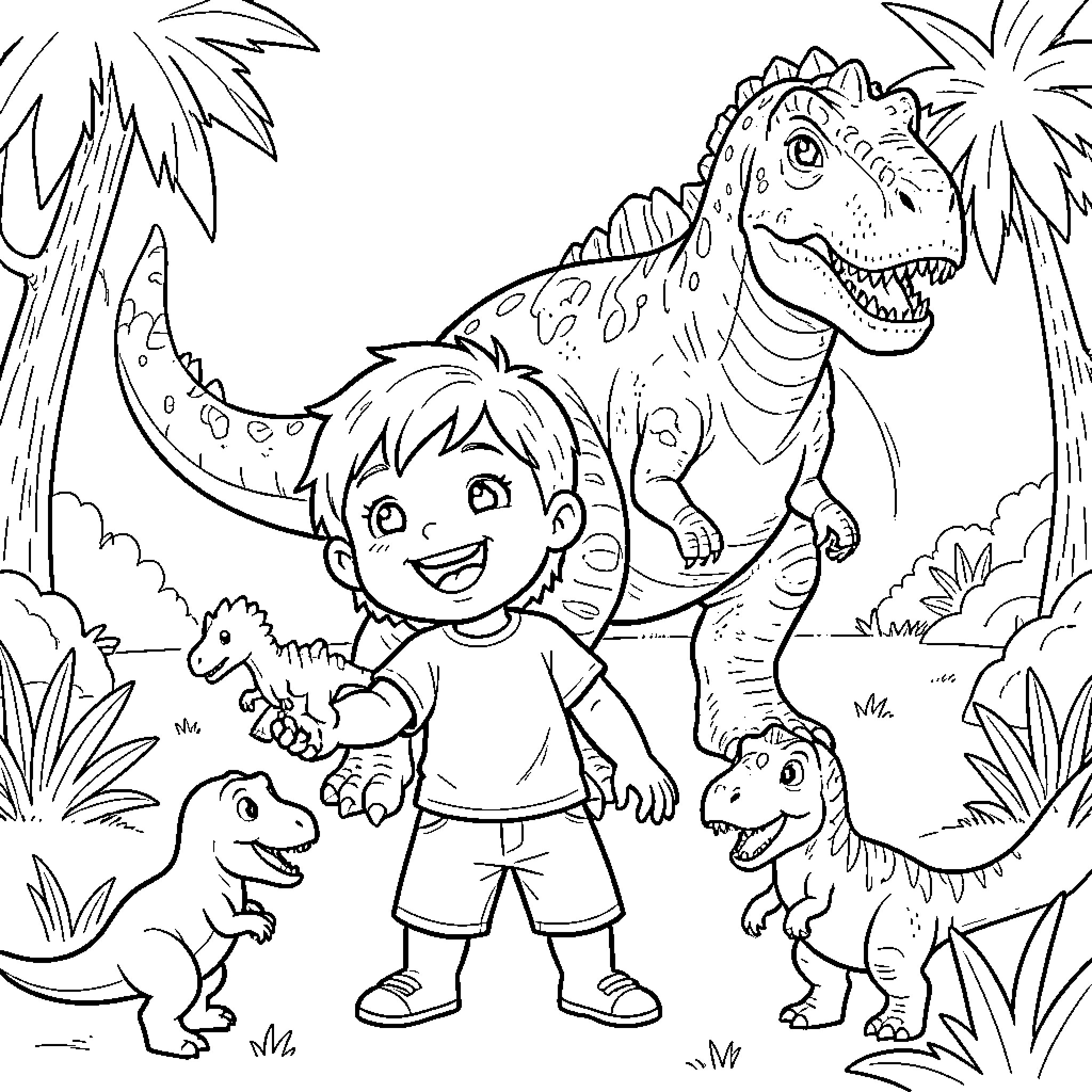 Dinosaur playing with a happy little boy Coloring Page (free black-and-white line drawing printable PDF for all, from beginners to advanced learners, including children, teens, adults, and seniors)