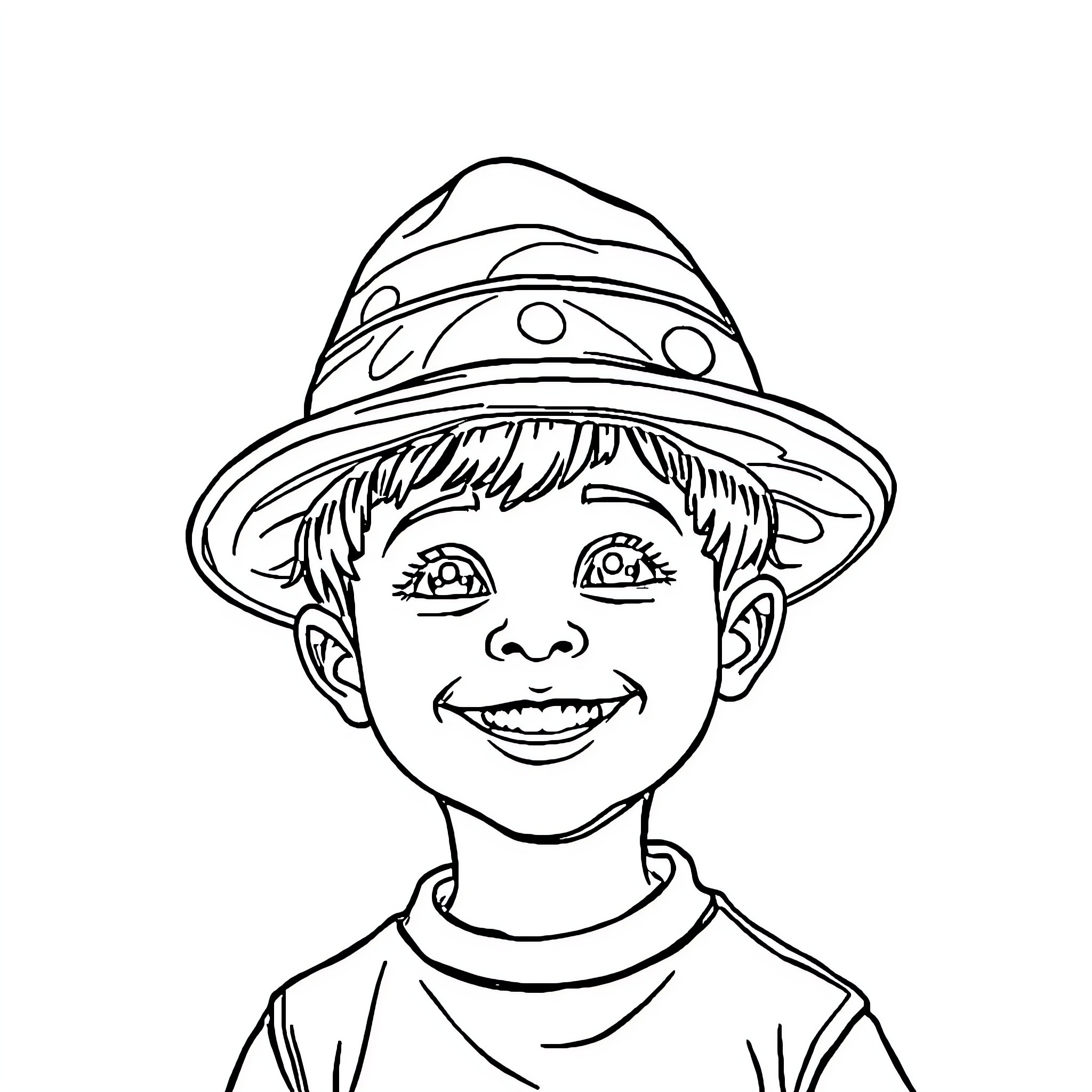 Boy wearing a patterned hat and smiling Coloring Page (free black-and-white line drawing printable PDF for all, from beginners to advanced learners, including children, teens, adults, and seniors)