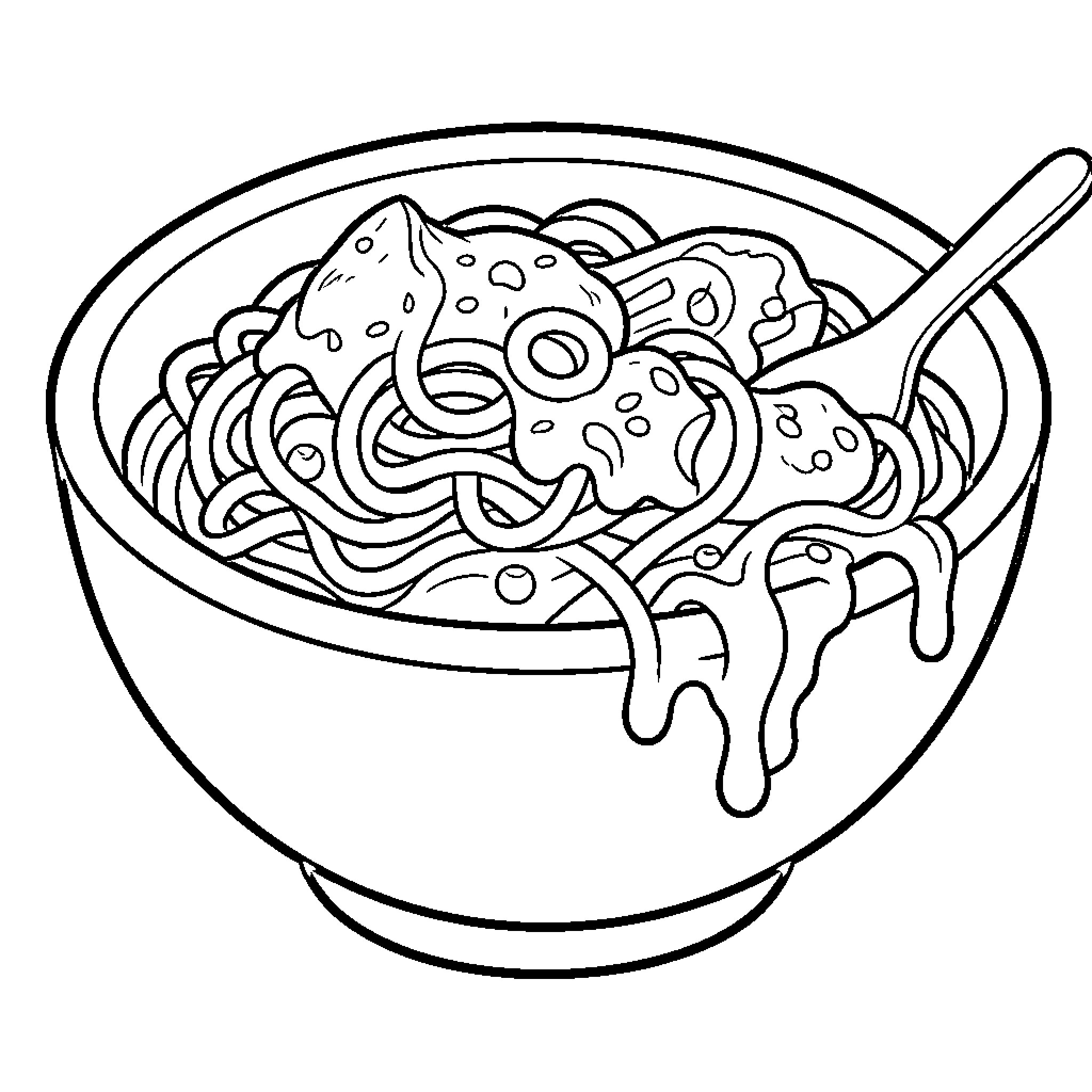 Carbonara Buldak noodles served in a large bowl Coloring Page (free black-and-white line drawing printable PDF for all, from beginners to advanced learners, including children, teens, adults, and seniors)