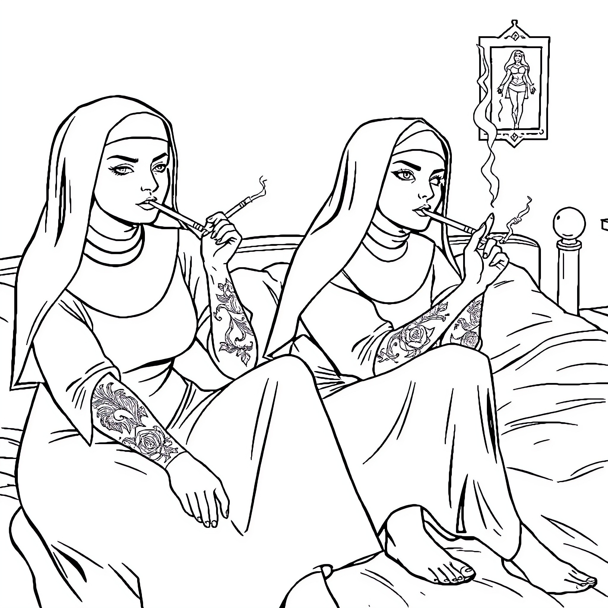 Nuns smoking and relaxing in their quarters Coloring Page (free black-and-white line drawing printable PDF for all, from beginners to advanced learners, including children, teens, adults, and seniors)