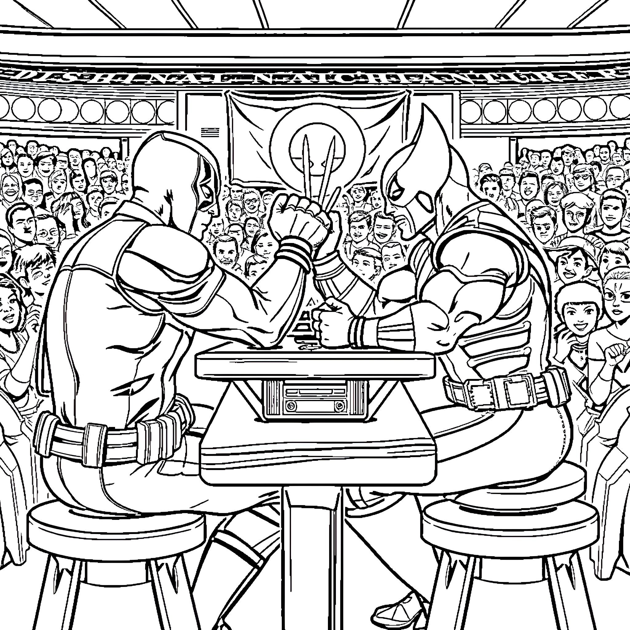 Deadpool Arm Wrestling Challenge in Crowded Arena Coloring Page (free black-and-white line drawing printable PDF for all, from beginners to advanced learners, including children, teens, adults, and seniors)