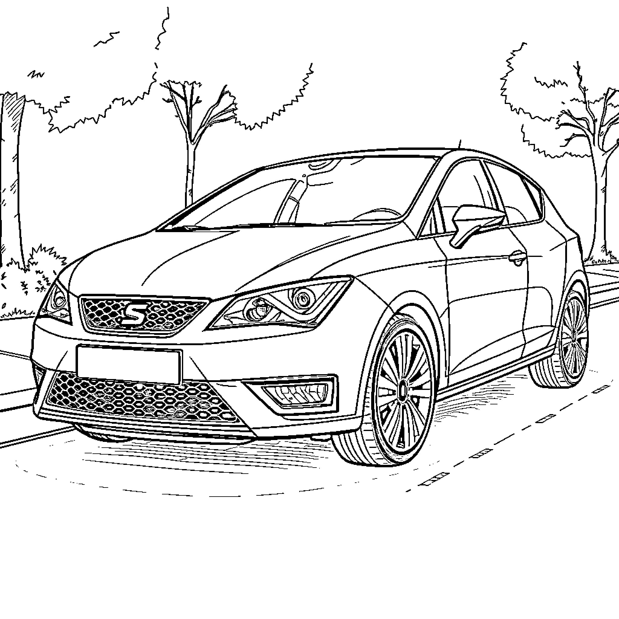 Car driving on a road with trees Coloring Page (free black-and-white line drawing printable PDF for all, from beginners to advanced learners, including children, teens, adults, and seniors)