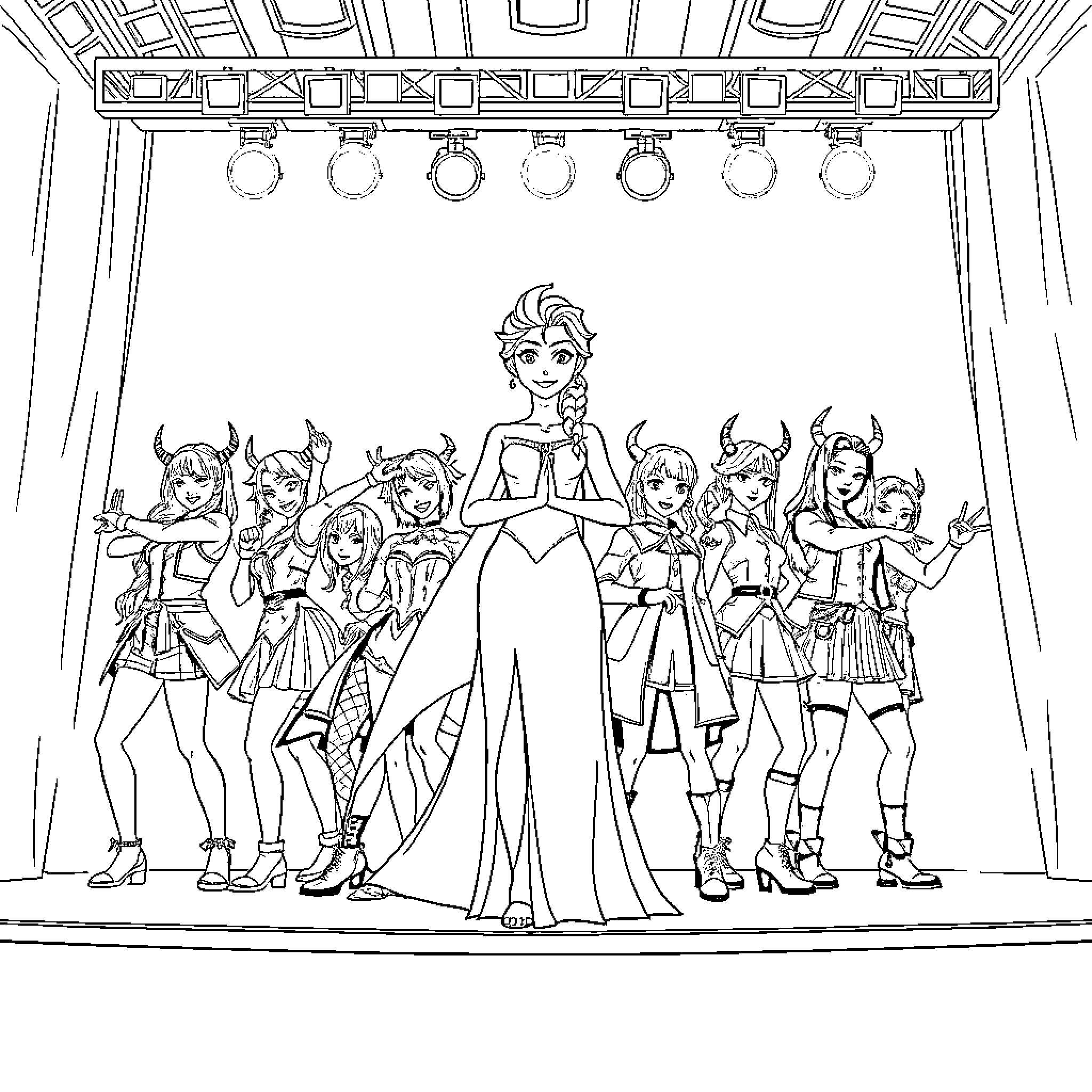 Elsa and her monster friends on stage Coloring Page (free black-and-white line drawing printable PDF for all, from beginners to advanced learners, including children, teens, adults, and seniors)