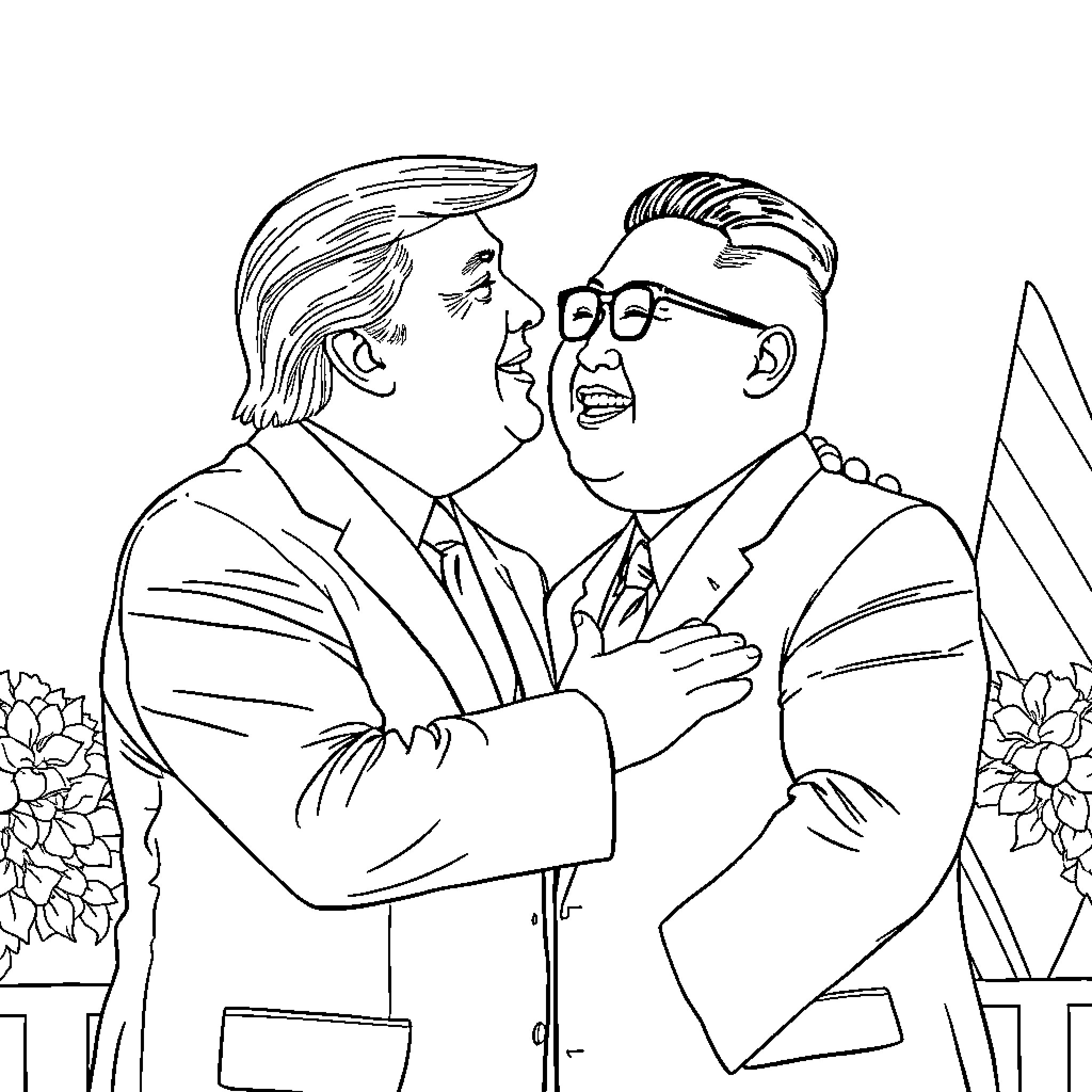 Trump Embracing Authoritarian Leader Coloring Page (free black-and-white line drawing printable PDF for all, from beginners to advanced learners, including children, teens, adults, and seniors)