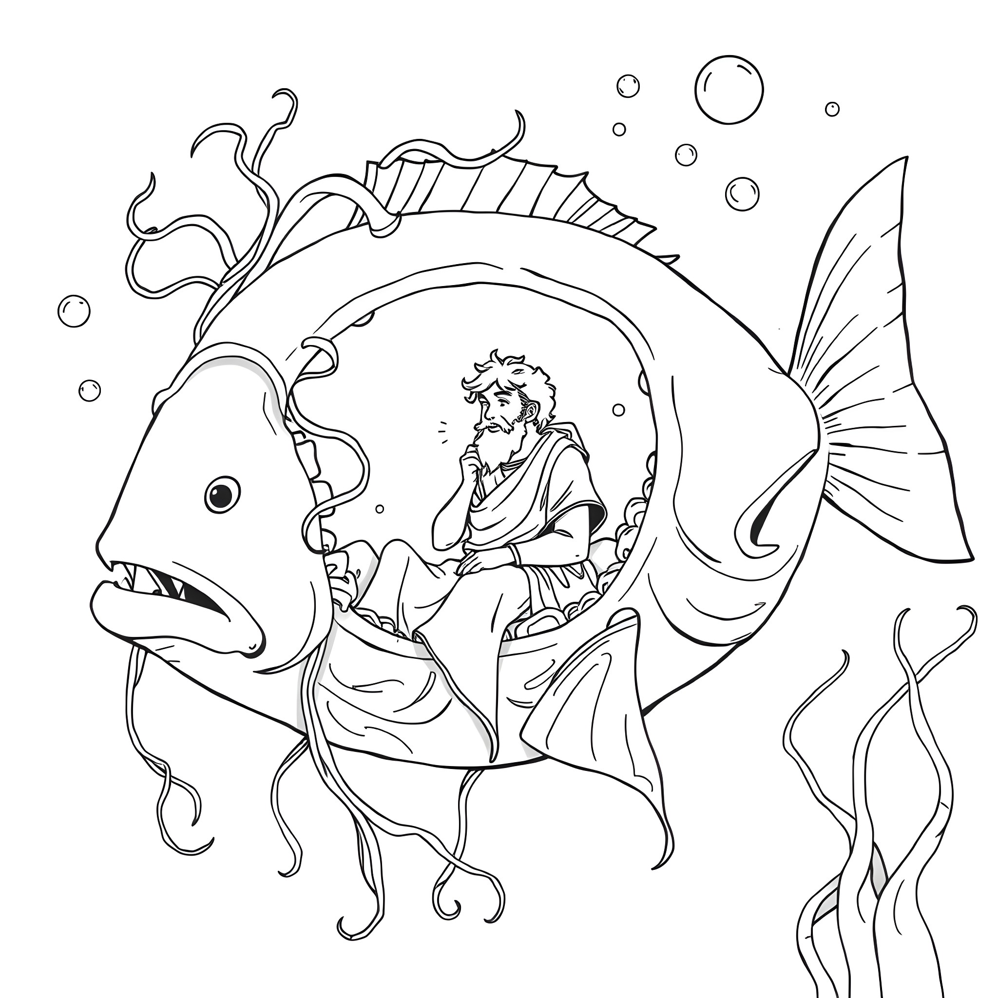 Jonah Sitting Peacefully Inside the Whale Coloring Page (free black-and-white line drawing printable PDF for all, from beginners to advanced learners, including children, teens, adults, and seniors)