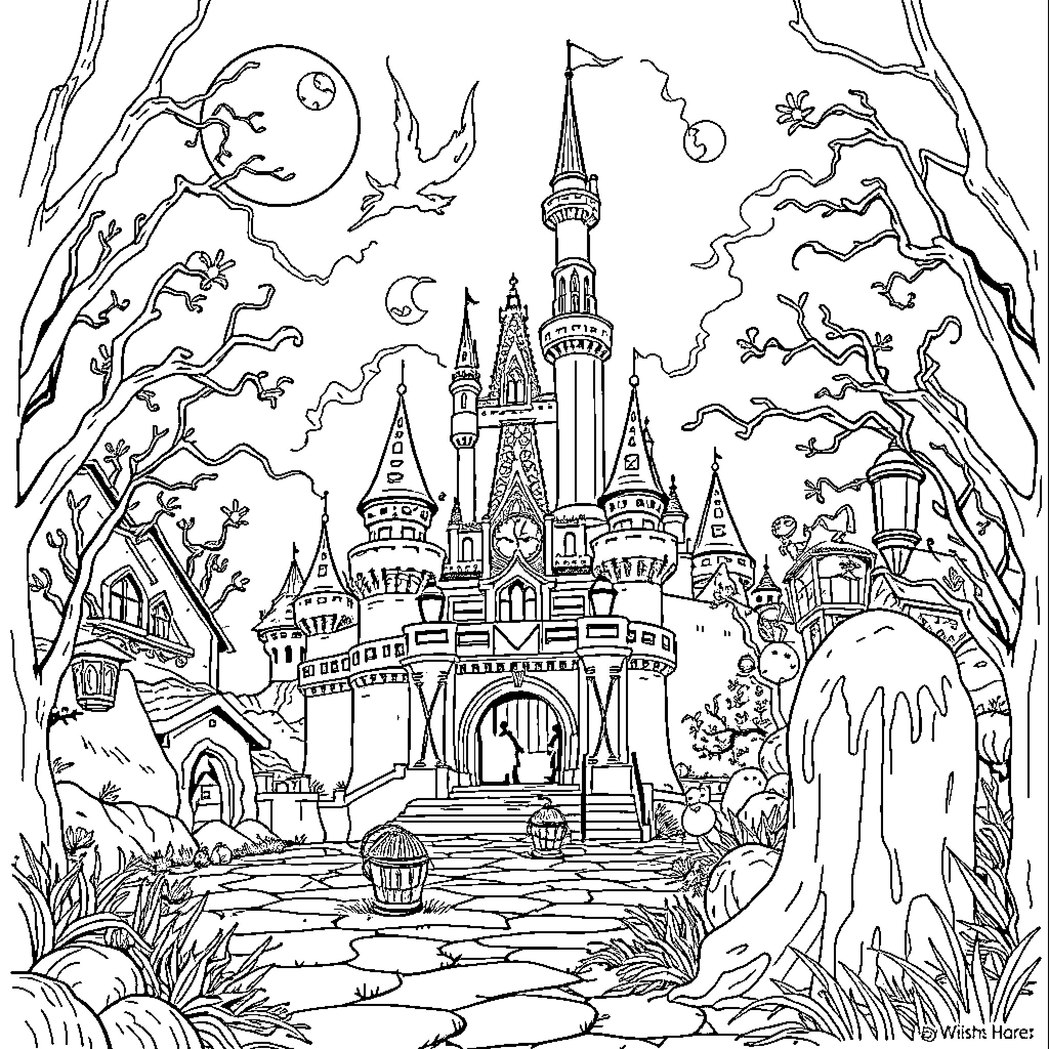 Disney Castle in a Magical Landscape Coloring Page (free black-and-white line drawing printable PDF for all, from beginners to advanced learners, including children, teens, adults, and seniors)