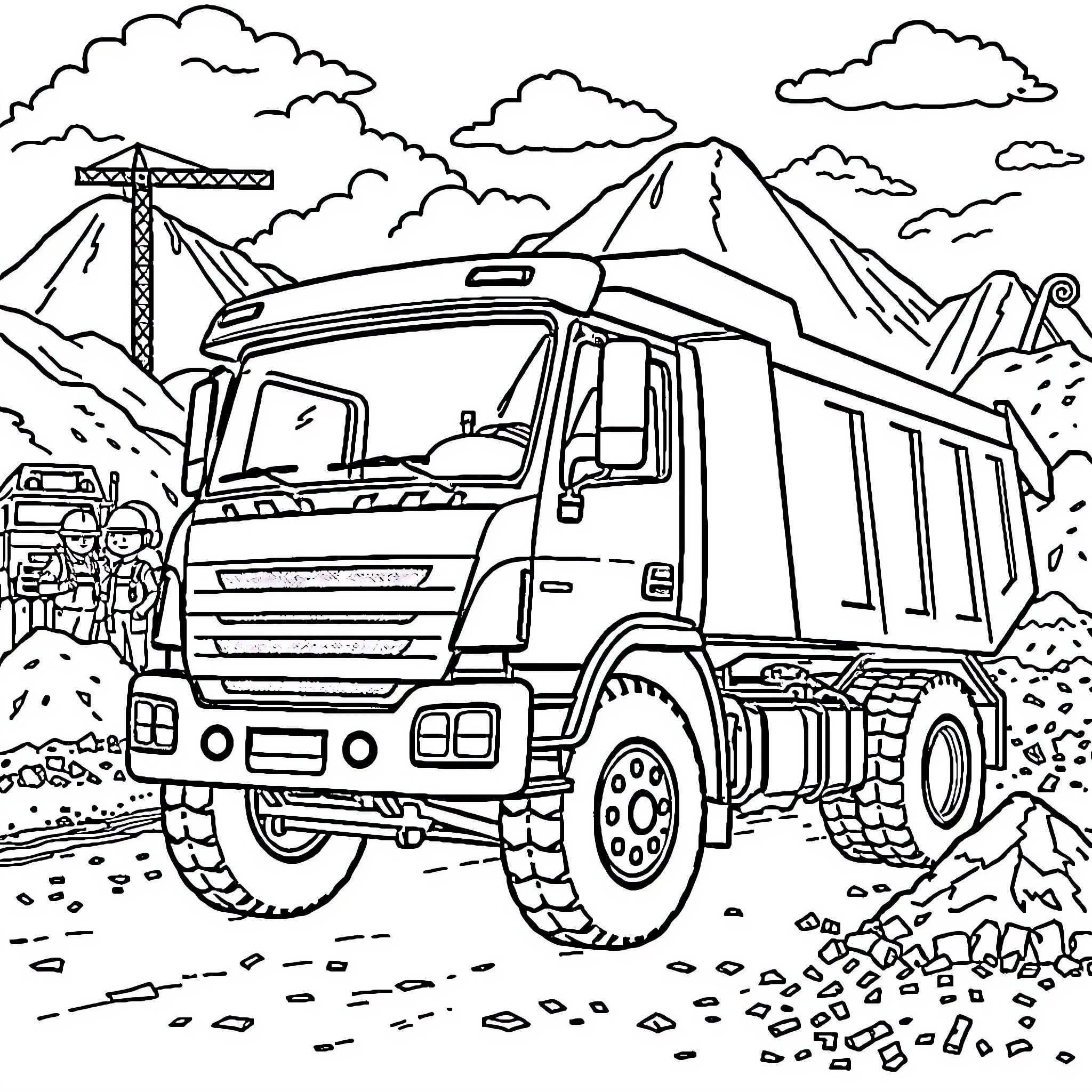Dump Truck Carrying Heavy Load in Rugged Terrain Coloring Page (free black-and-white line drawing printable PDF for all, from beginners to advanced learners, including children, teens, adults, and seniors)
