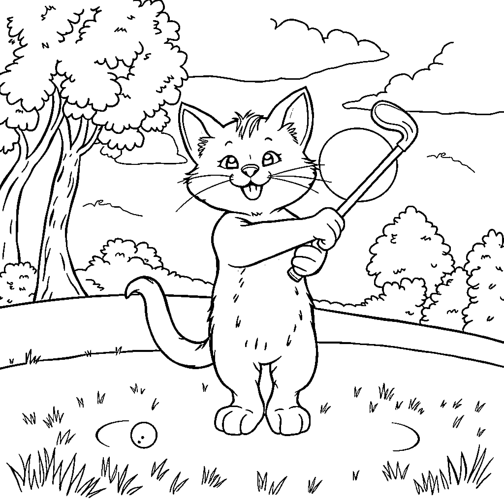 Cat enjoying gardening in nature Coloring Page (free black-and-white line drawing printable PDF for all, from beginners to advanced learners, including children, teens, adults, and seniors)
