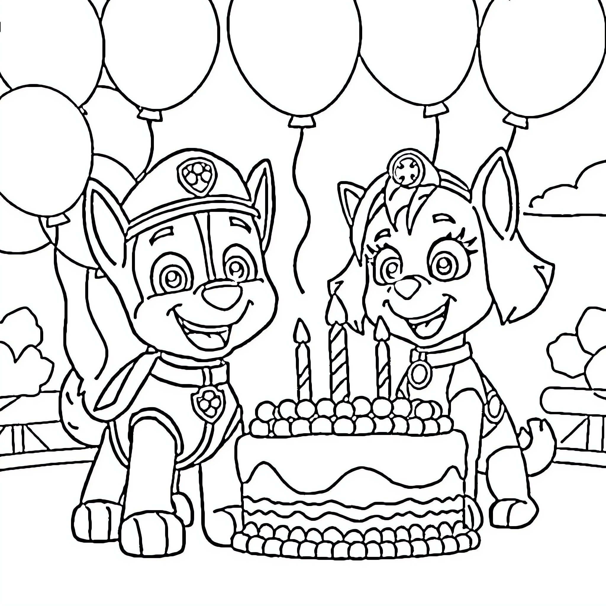 Chase's Birthday Celebration with Furry Friends Coloring Page (free black-and-white line drawing printable PDF for all, from beginners to advanced learners, including children, teens, adults, and seniors)