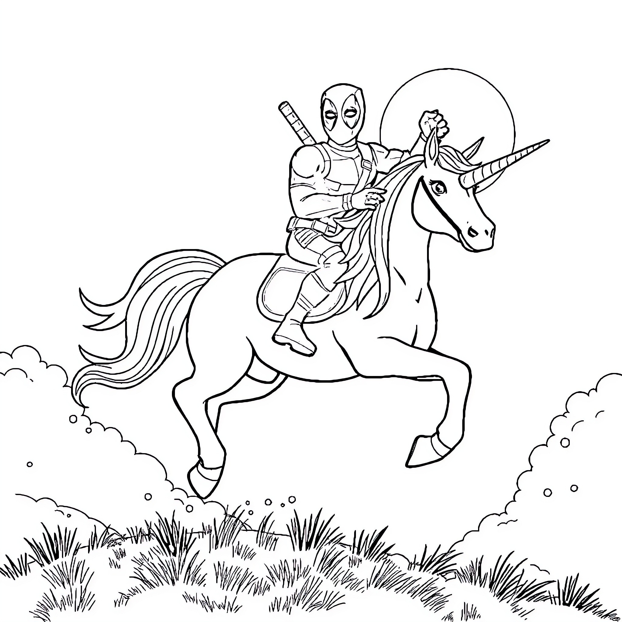 Deadpool riding a unicorn in action Coloring Page (free black-and-white line drawing printable PDF for all, from beginners to advanced learners, including children, teens, adults, and seniors)