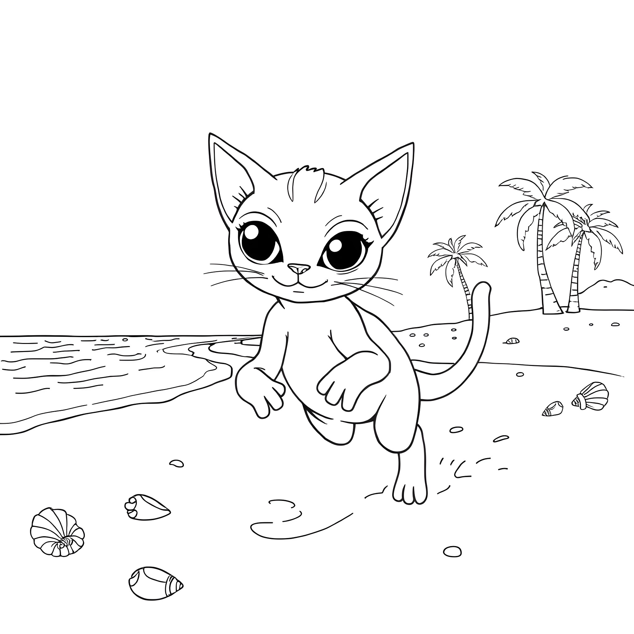 Alien Cat Lounging on the Beach Coloring Page (free black-and-white line drawing printable PDF for all, from beginners to advanced learners, including children, teens, adults, and seniors)