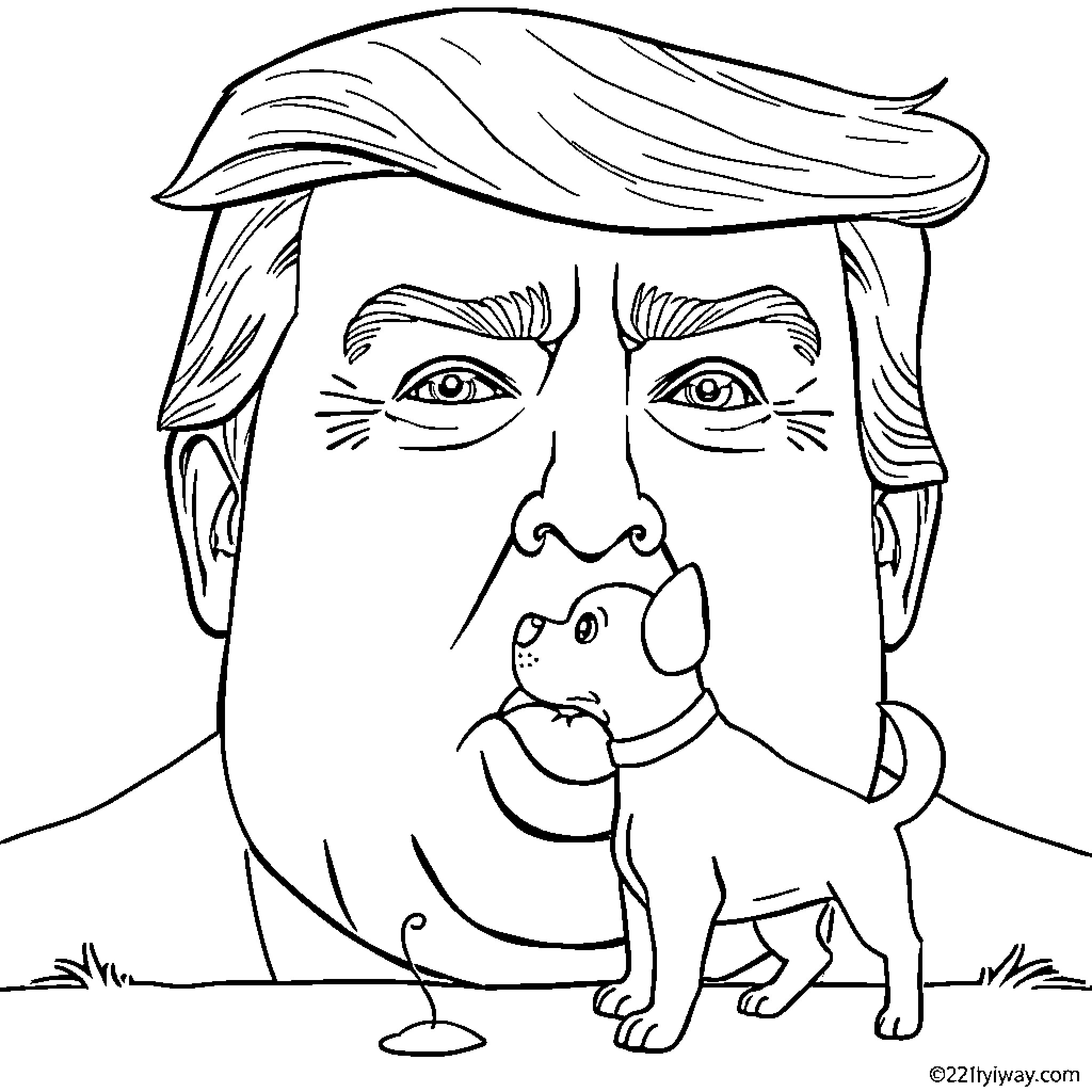 Dog standing next to man with unusual hairstyle Coloring Page (free black-and-white line drawing printable PDF for all, from beginners to advanced learners, including children, teens, adults, and seniors)