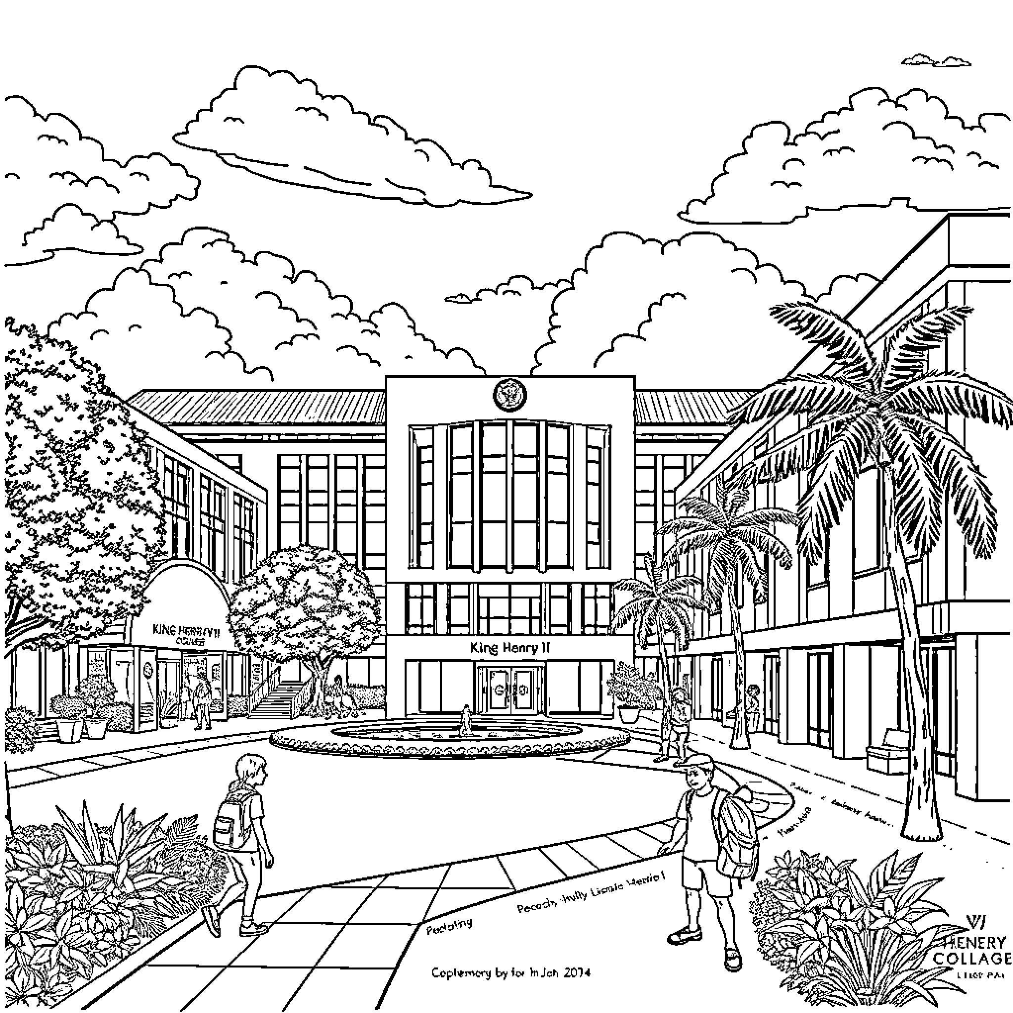 King Henry VIII Presides Over Bustling City Street Scene Coloring Page (free black-and-white line drawing printable PDF for all, from beginners to advanced learners, including children, teens, adults, and seniors)