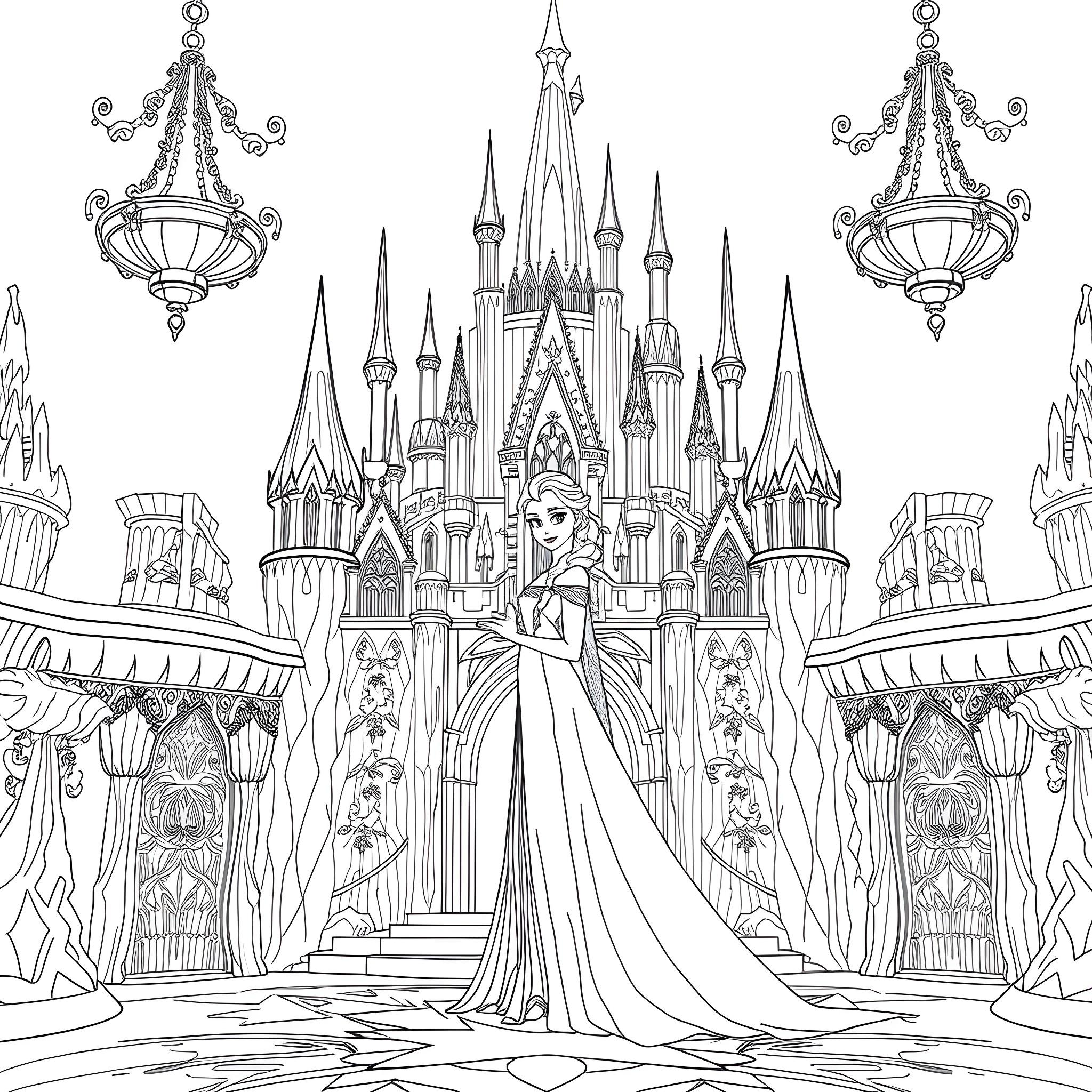 Elsa in the Enchanted Castle Coloring Page (free black-and-white line drawing printable PDF for all, from beginners to advanced learners, including children, teens, adults, and seniors)