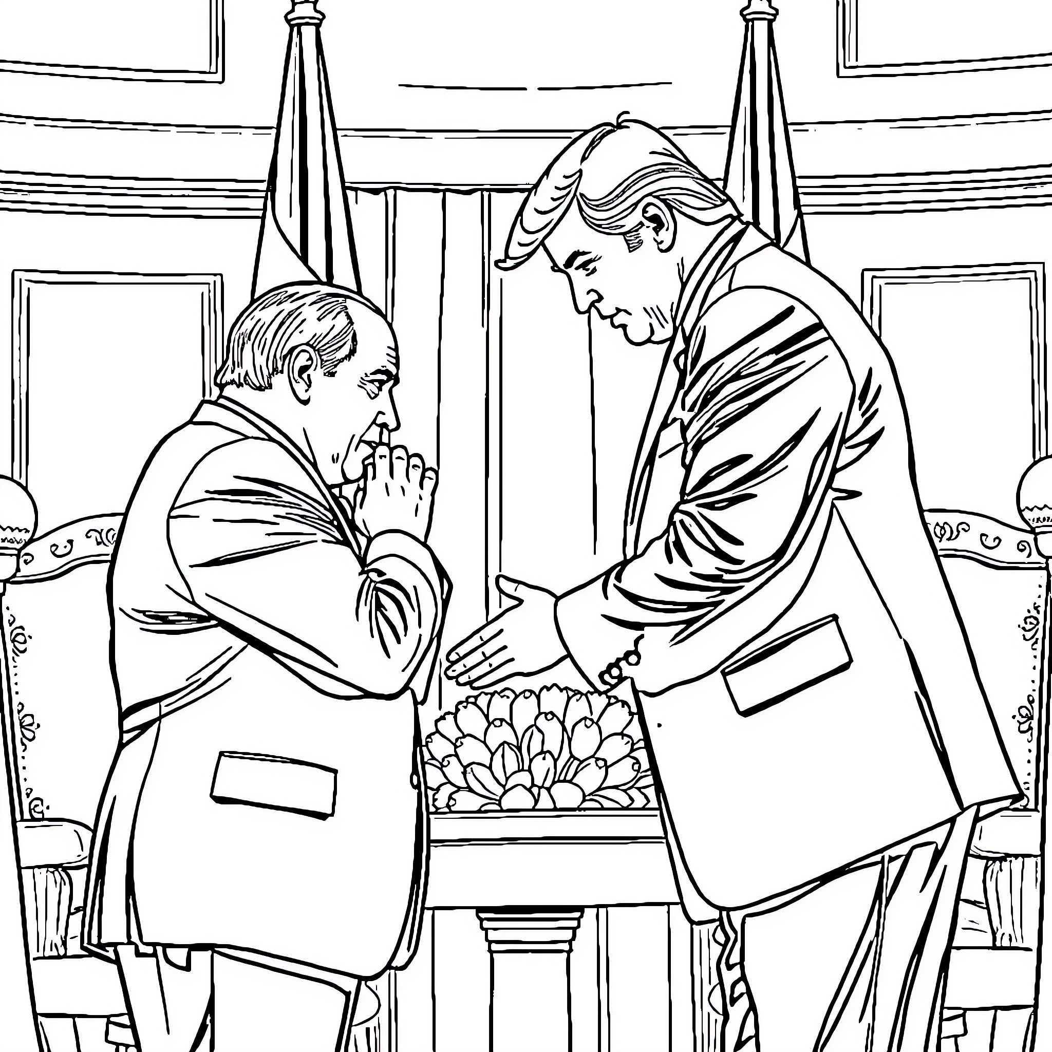 Trump and Associate in Formal Discussion Coloring Page (free black-and-white line drawing printable PDF for all, from beginners to advanced learners, including children, teens, adults, and seniors)