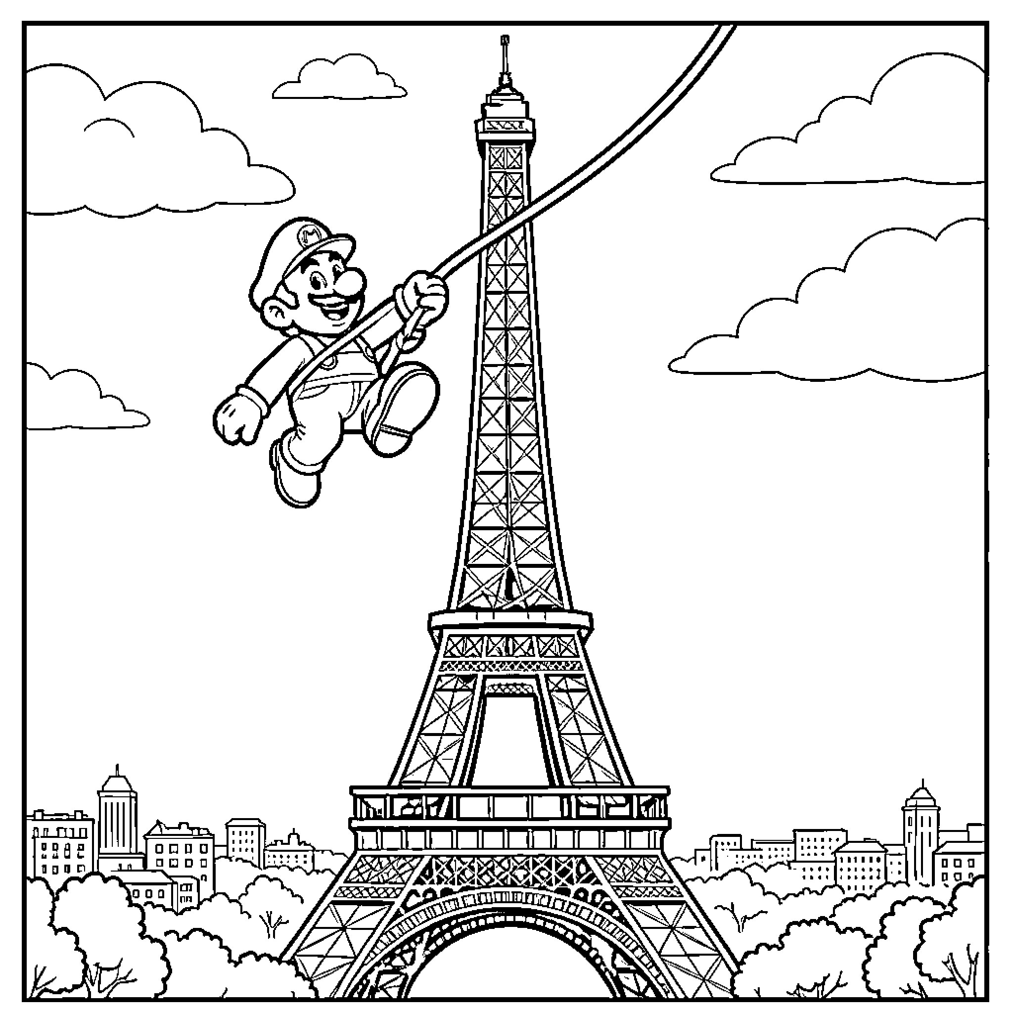 Super Mario Jumps Over Eiffel Tower in Paris Coloring Page (free black-and-white line drawing printable PDF for all, from beginners to advanced learners, including children, teens, adults, and seniors)