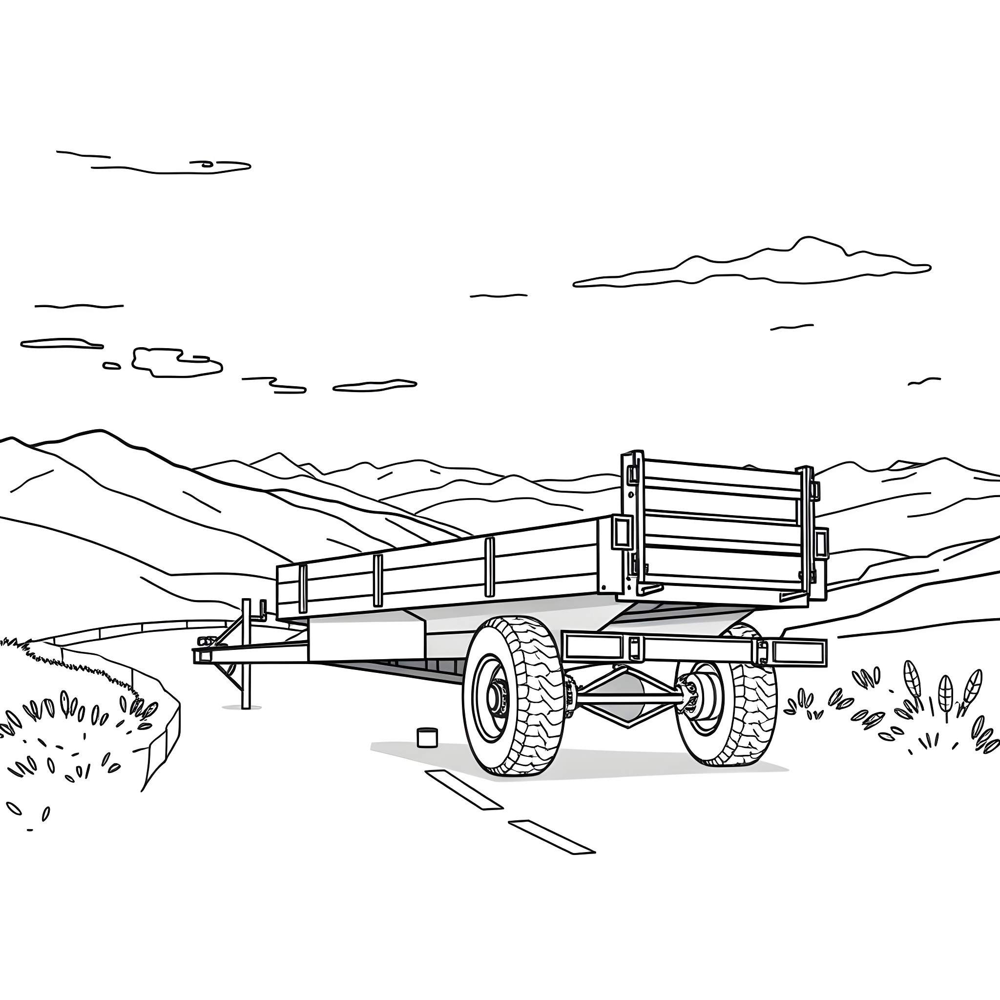 Car Trailer Transporting Goods in Mountainous Landscape Coloring Page (free black-and-white line drawing printable PDF for all, from beginners to advanced learners, including children, teens, adults, and seniors)