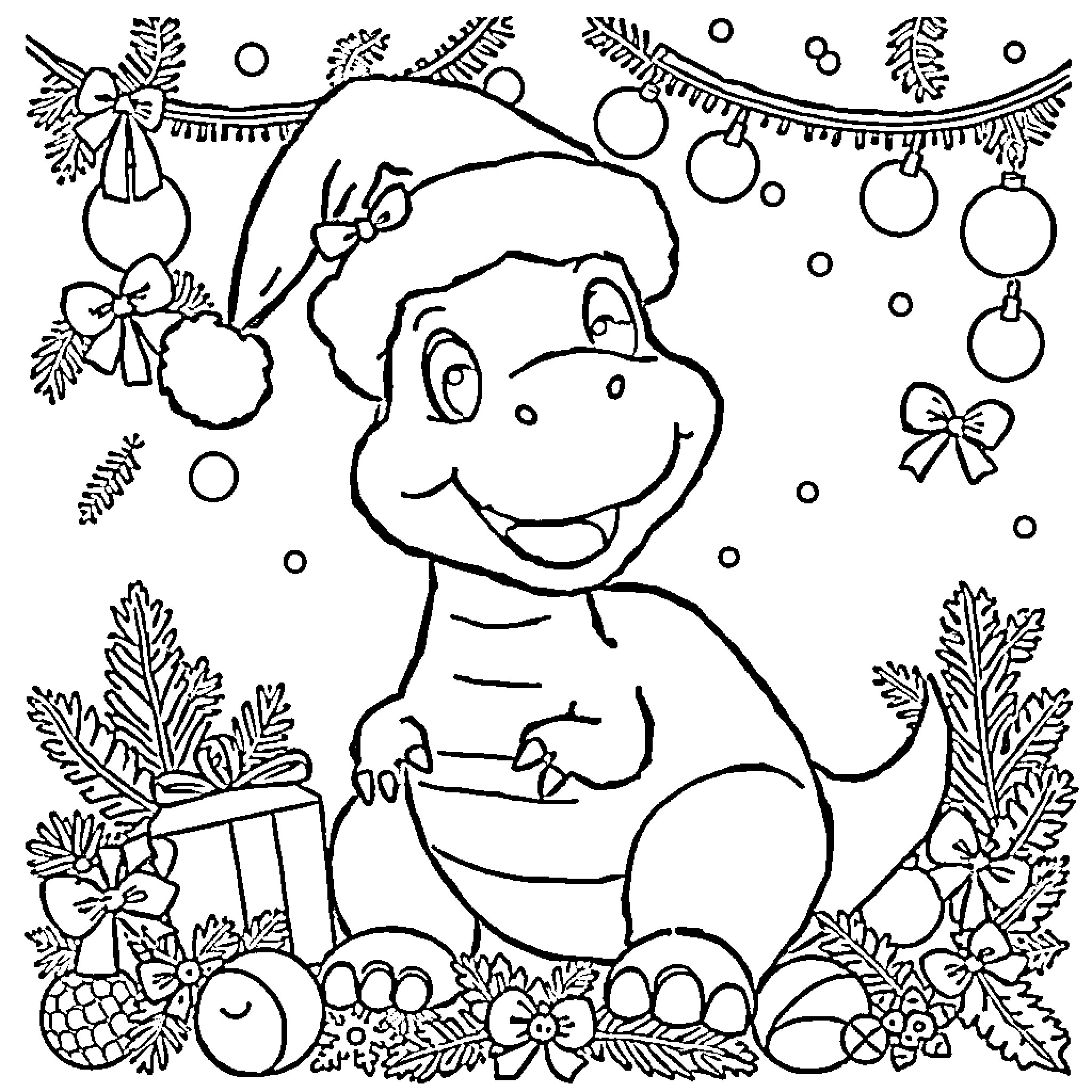 Dinosaur in Winter Holiday Scene Coloring Page (free black-and-white line drawing printable PDF for all, from beginners to advanced learners, including children, teens, adults, and seniors)