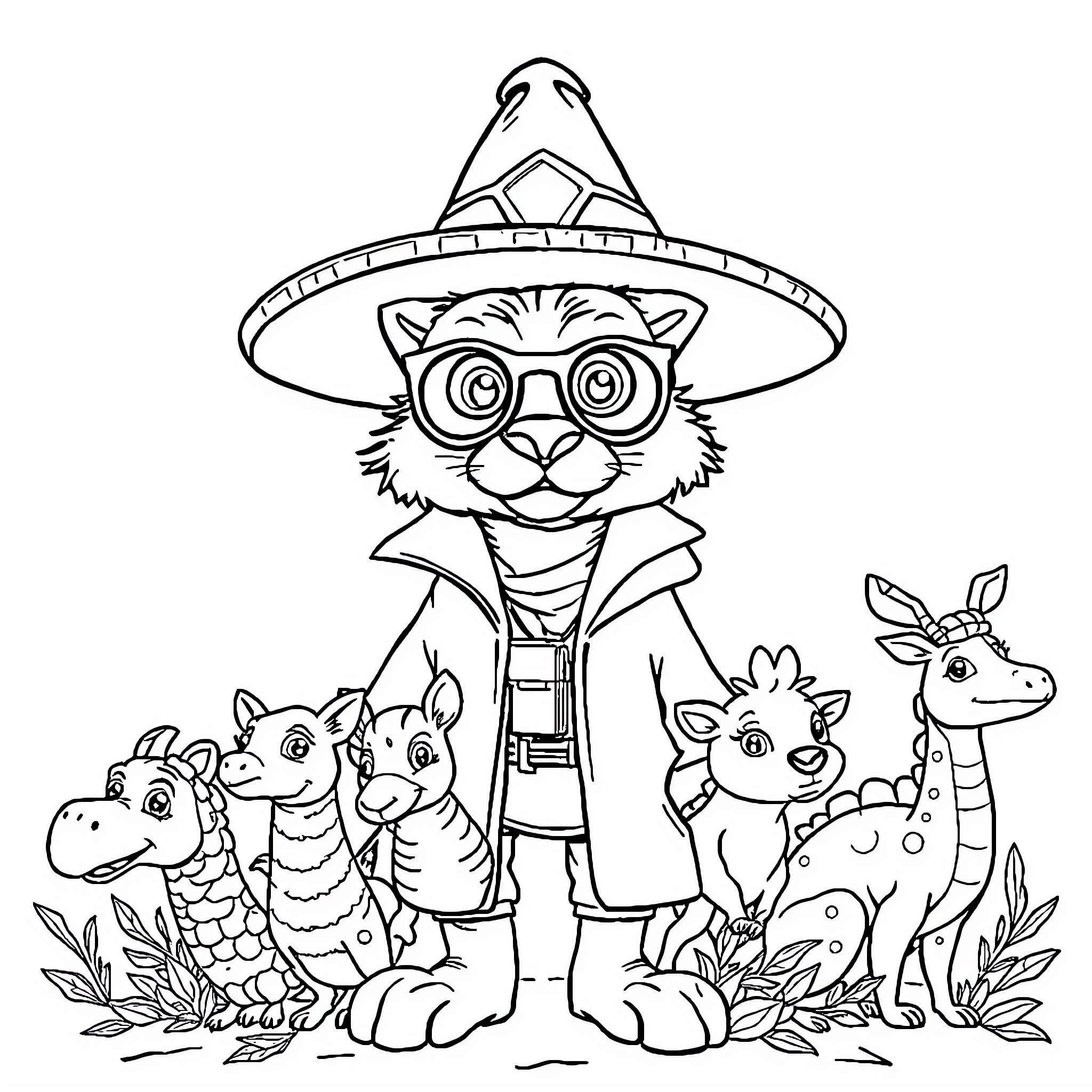 Animal Detective Explores the Wilderness with Curious Companions Coloring Page (free black-and-white line drawing printable PDF for all, from beginners to advanced learners, including children, teens, adults, and seniors)