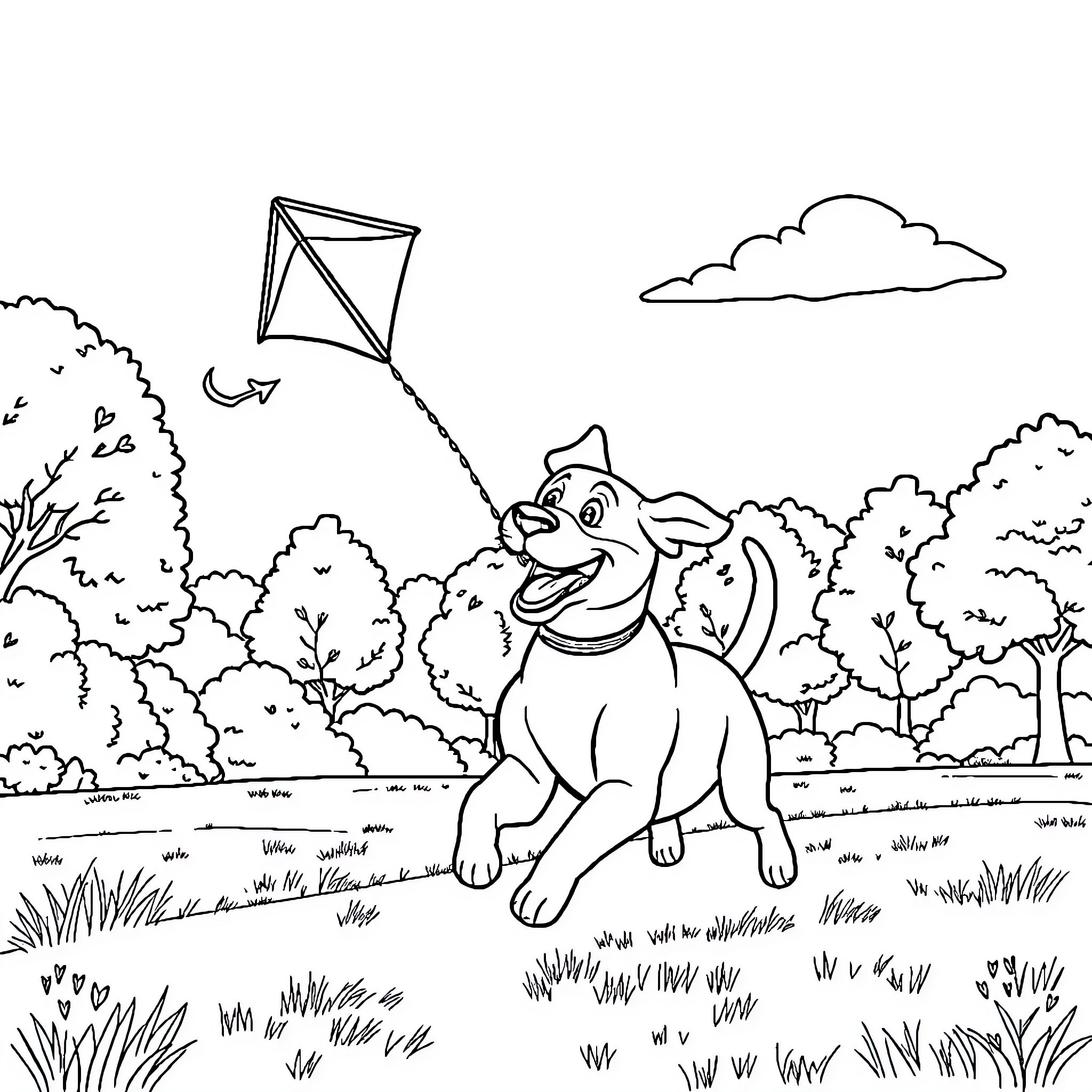 Dog playing with kite in the park Coloring Page (free black-and-white line drawing printable PDF for all, from beginners to advanced learners, including children, teens, adults, and seniors)