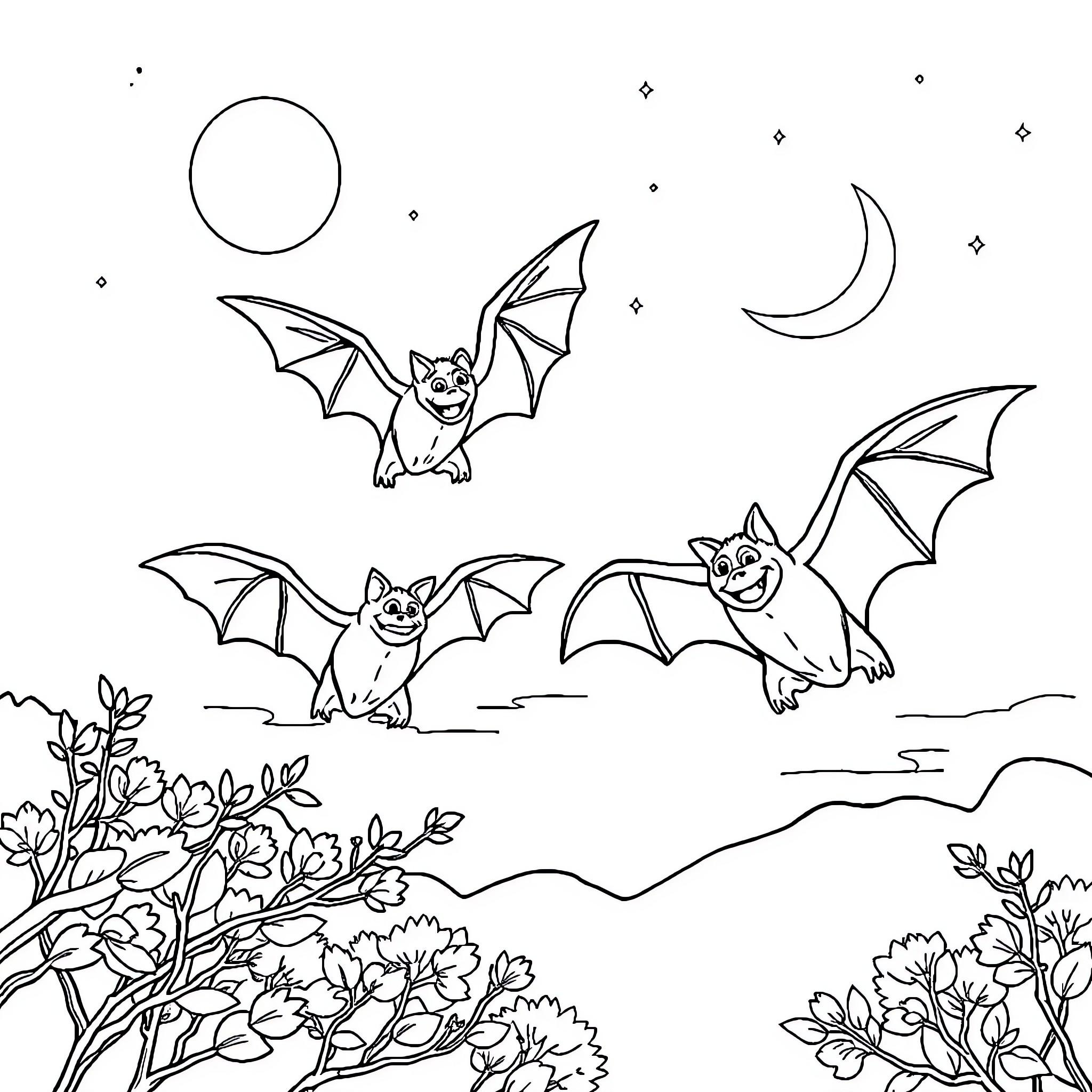 Fruit Bats Soaring in the Starry Night Coloring Page (free black-and-white line drawing printable PDF for all, from beginners to advanced learners, including children, teens, adults, and seniors)