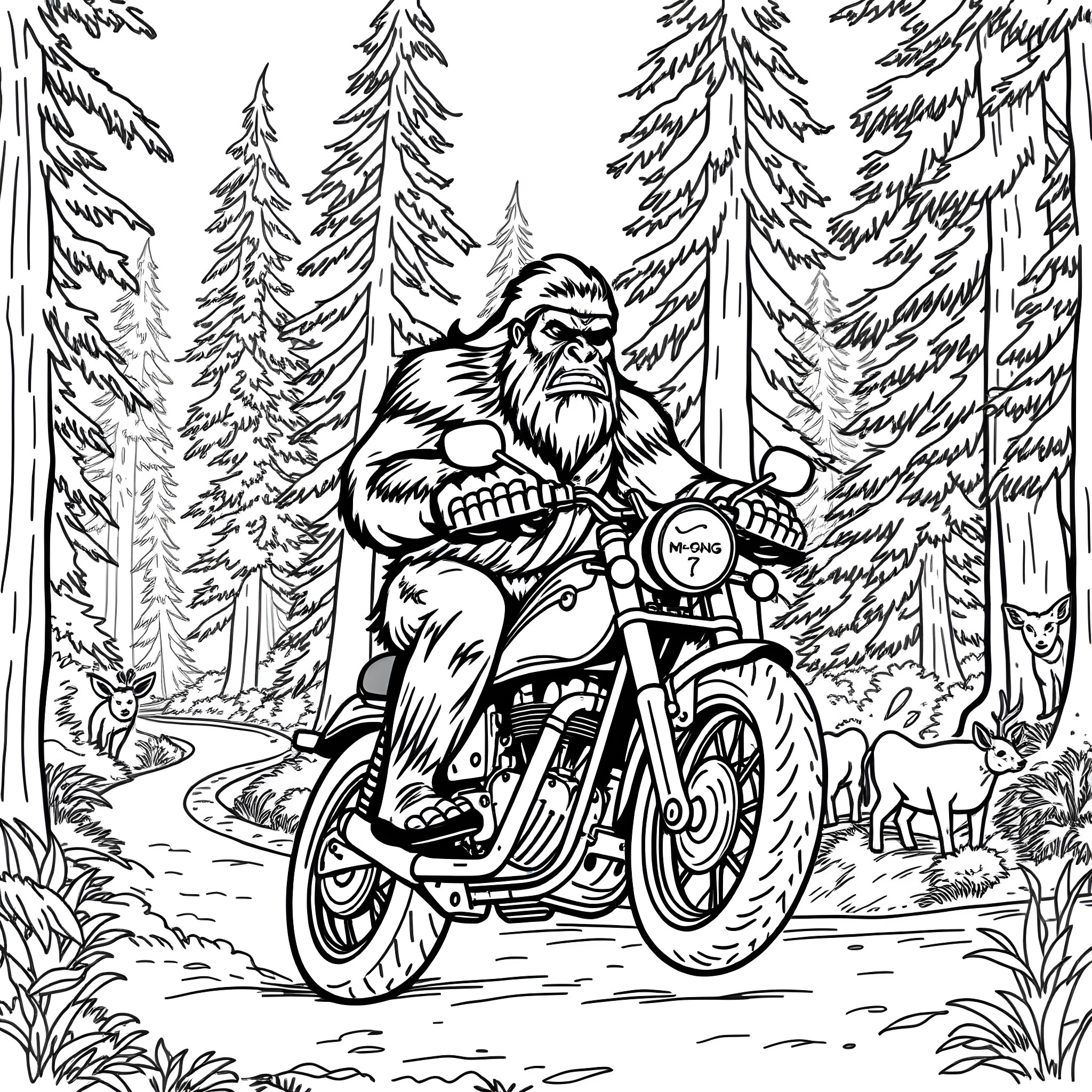 Bigfoot riding a motorcycle through the forest Coloring Page (free black-and-white line drawing printable PDF for all, from beginners to advanced learners, including children, teens, adults, and seniors)