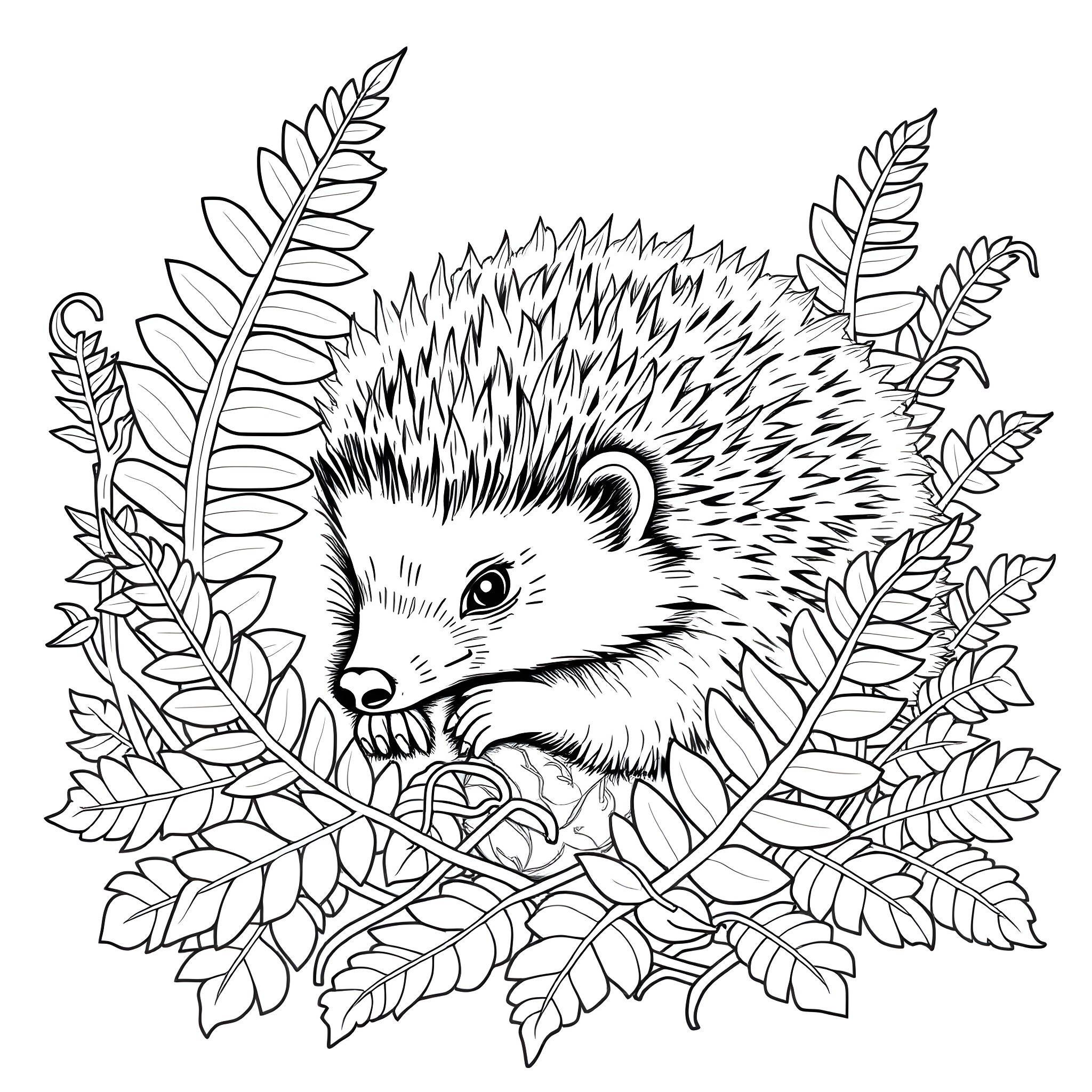 Hedgehog nestled among leafy foliage Coloring Page (free black-and-white line drawing printable PDF for all, from beginners to advanced learners, including children, teens, adults, and seniors)