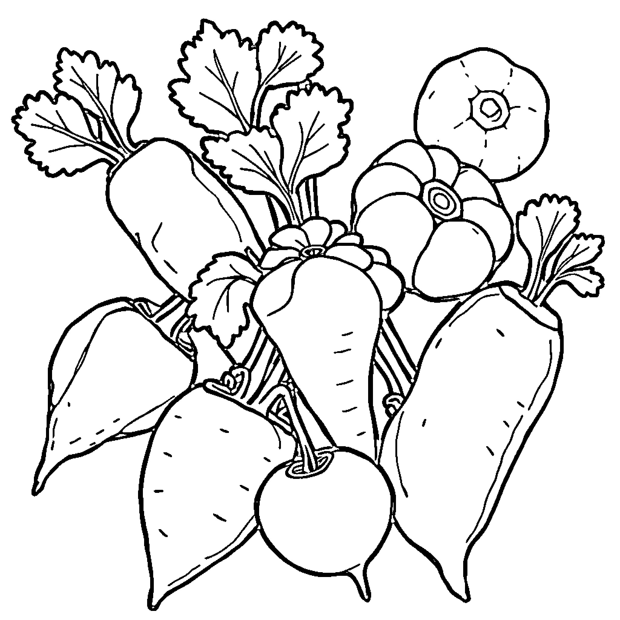 Brainrots colorful vegetable and flower composition Coloring Page (free black-and-white line drawing printable PDF for all, from beginners to advanced learners, including children, teens, adults, and seniors)