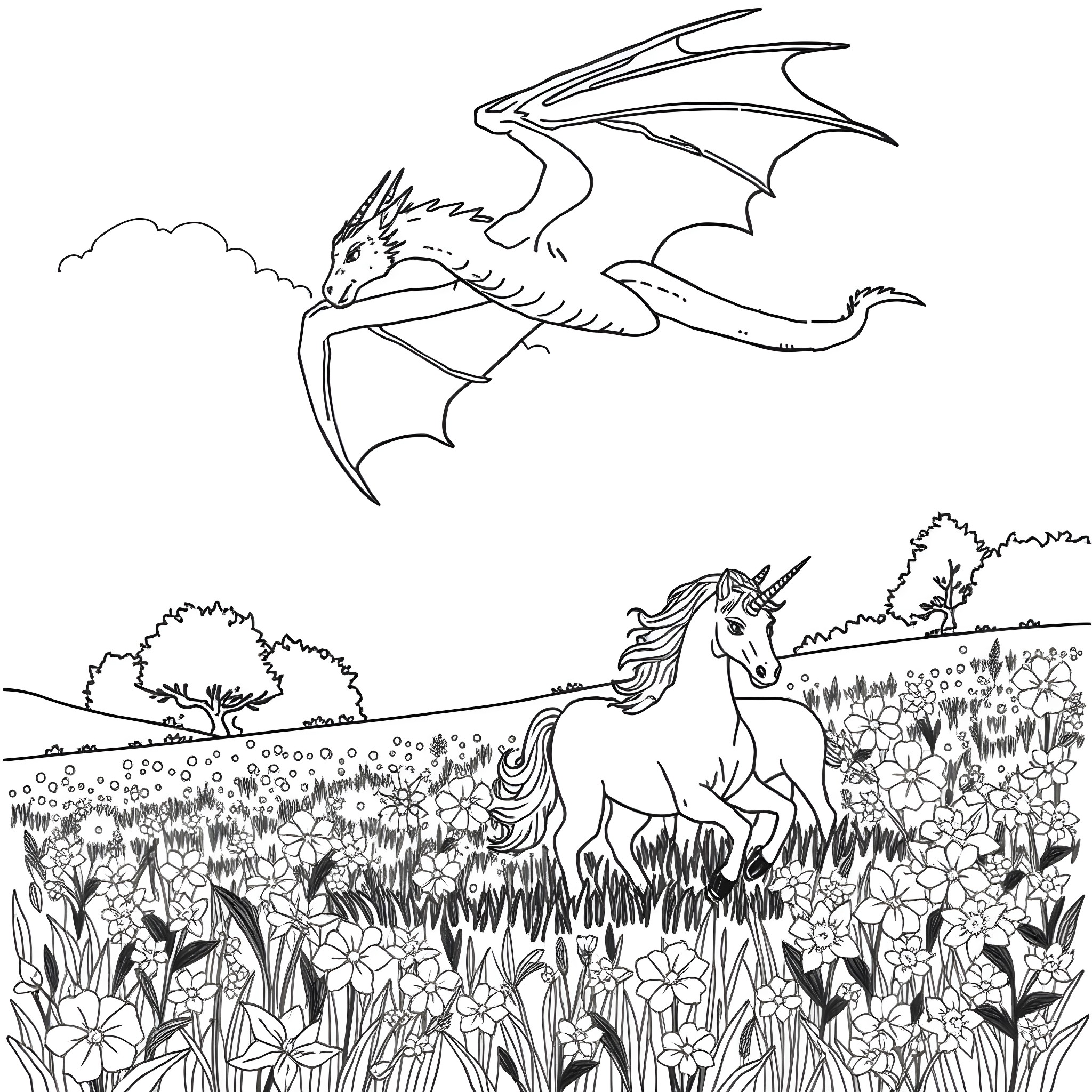 Dragon in flight over a magical meadow with a unicorn Coloring Page (free black-and-white line drawing printable PDF for all, from beginners to advanced learners, including children, teens, adults, and seniors)