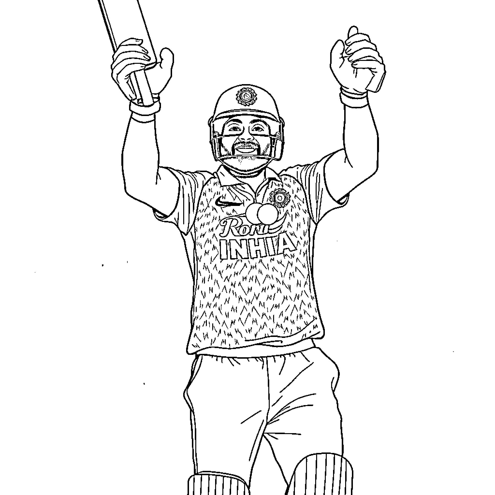 Rohit Sharma celebrating a cricket victory Coloring Page (free black-and-white line drawing printable PDF for all, from beginners to advanced learners, including children, teens, adults, and seniors)