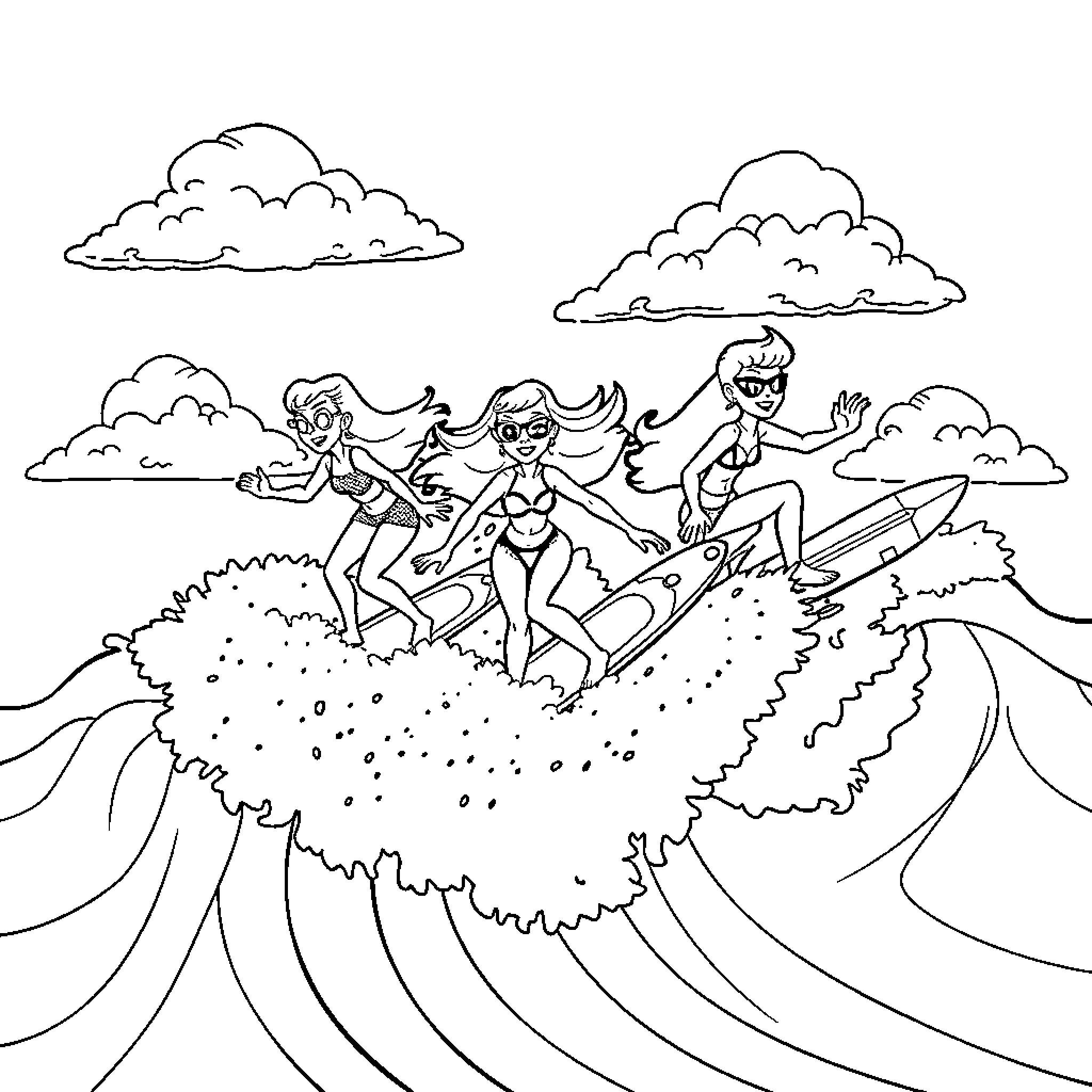 Spy Surfers Racing Against the Waves Coloring Page (free black-and-white line drawing printable PDF for all, from beginners to advanced learners, including children, teens, adults, and seniors)