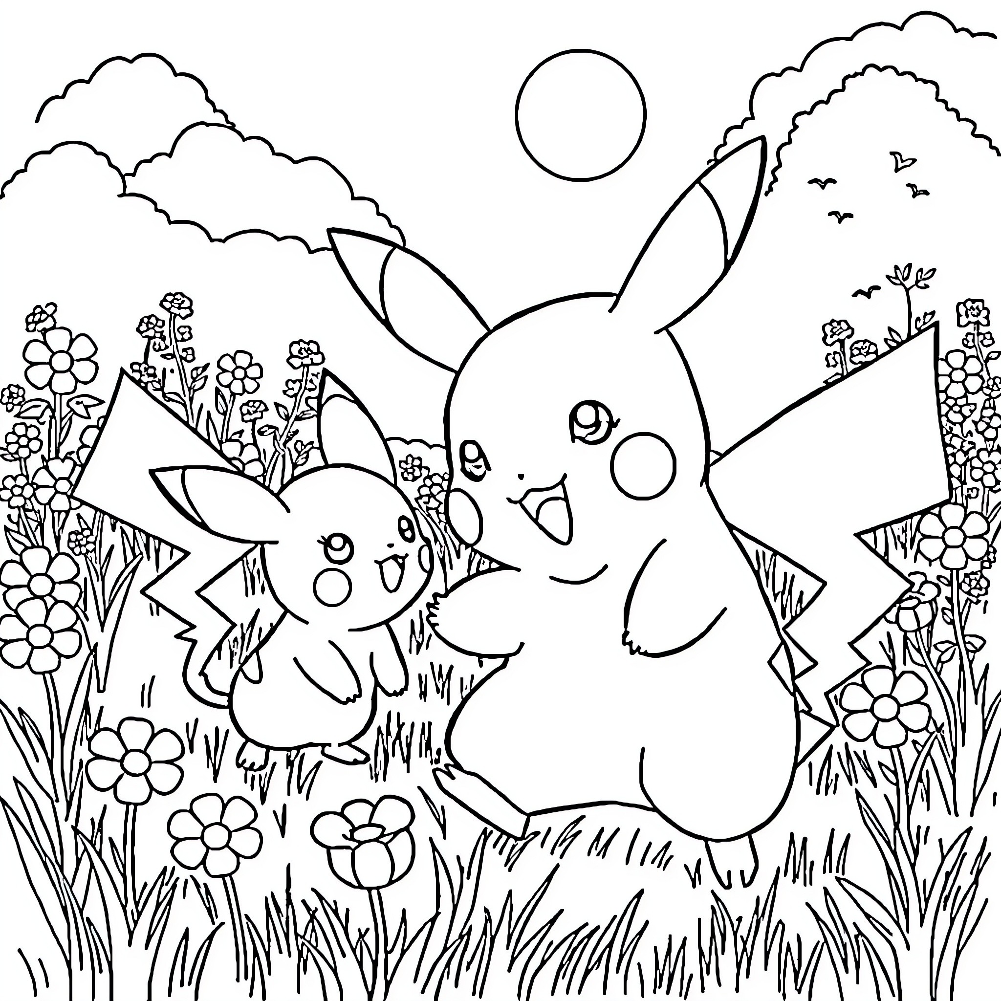 Pikachu enjoying a sunny day in a flowery meadow Coloring Page (free black-and-white line drawing printable PDF for all, from beginners to advanced learners, including children, teens, adults, and seniors)