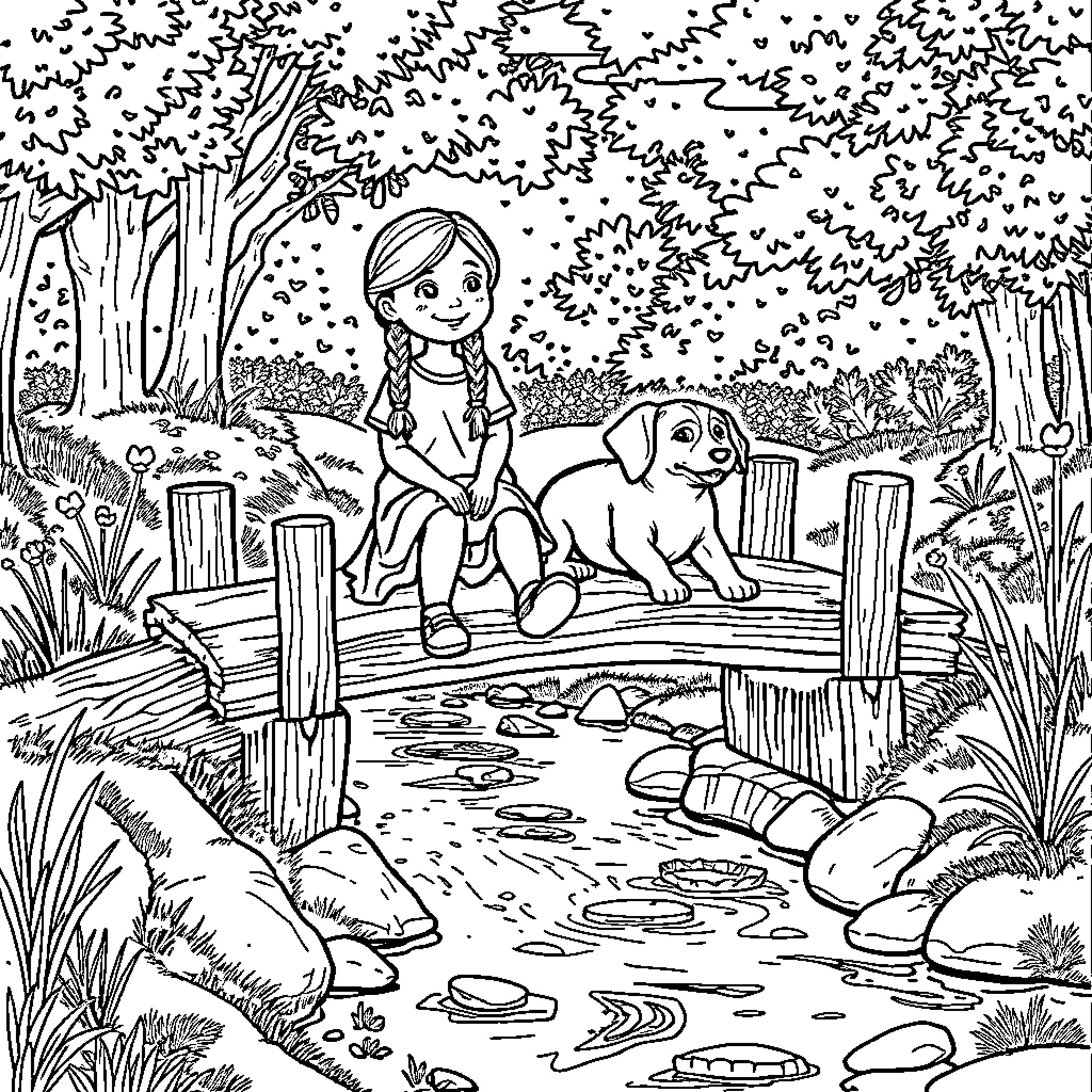 Girl and her dog playing by the stream in the forest Coloring Page (free black-and-white line drawing printable PDF for all, from beginners to advanced learners, including children, teens, adults, and seniors)