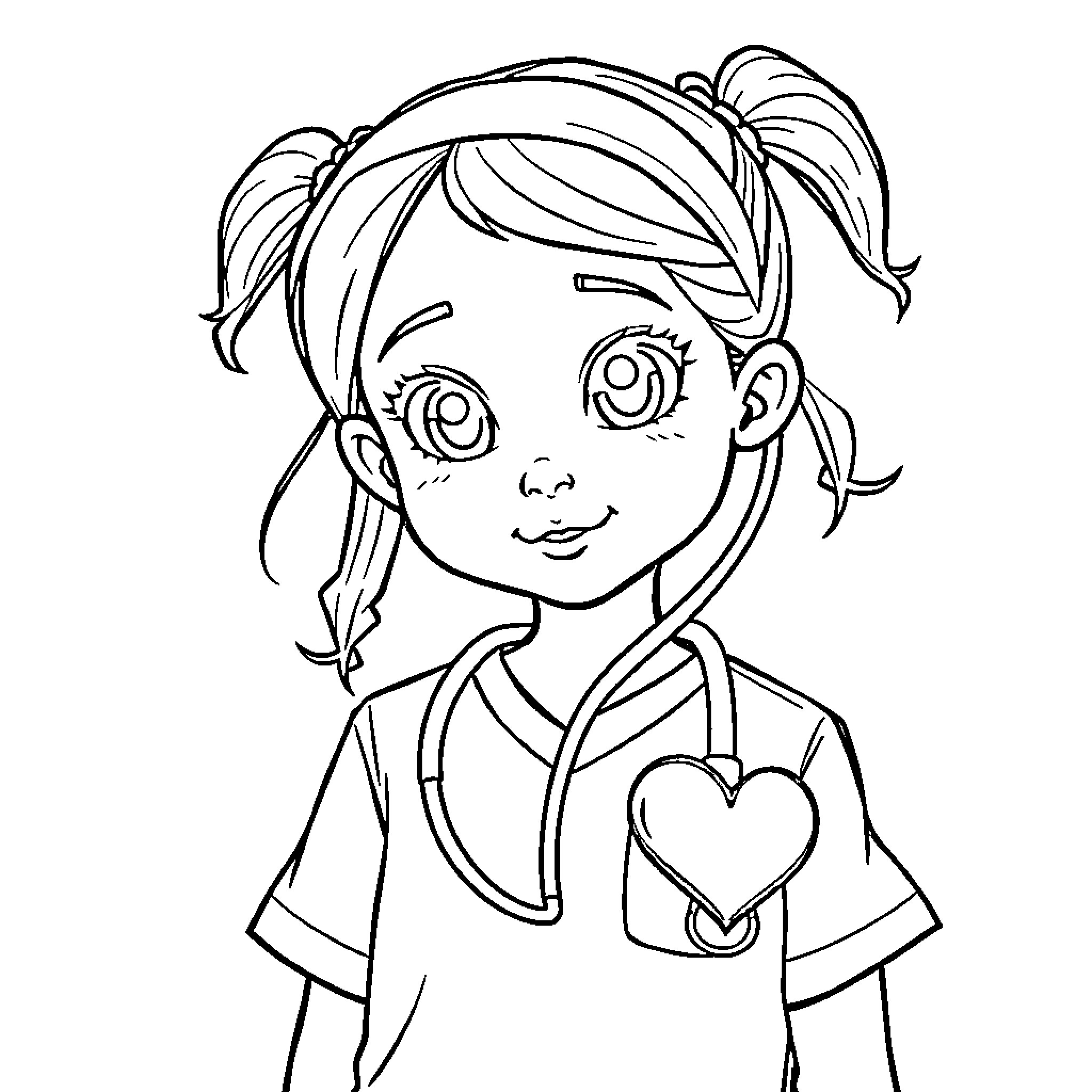 Girl with Pigtails and Heart-Shaped Pocket Coloring Page (free black-and-white line drawing printable PDF for all, from beginners to advanced learners, including children, teens, adults, and seniors)