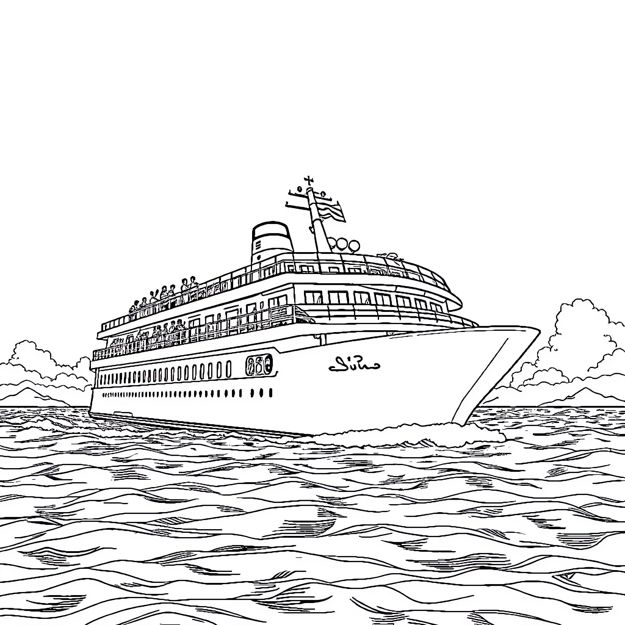 Cruise Ship Sailing Through Scenic Ocean Waves Coloring Page (free black-and-white line drawing printable PDF for all, from beginners to advanced learners, including children, teens, adults, and seniors)
