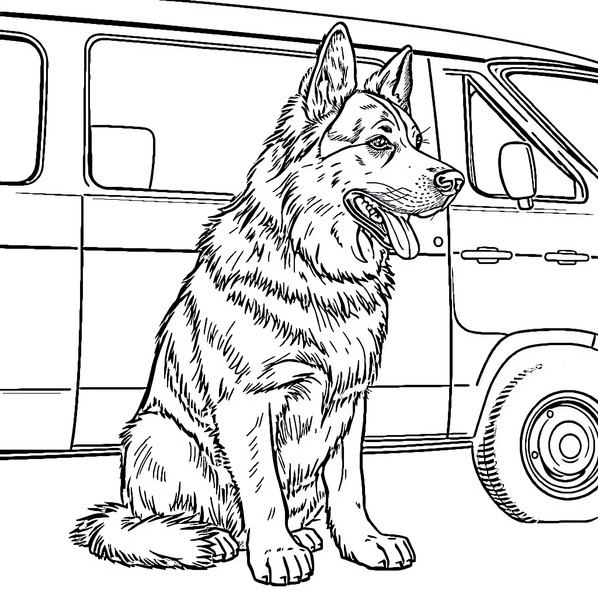 Dog sitting calmly in front of a vehicle Coloring Page (free black-and-white line drawing printable PDF for all, from beginners to advanced learners, including children, teens, adults, and seniors)