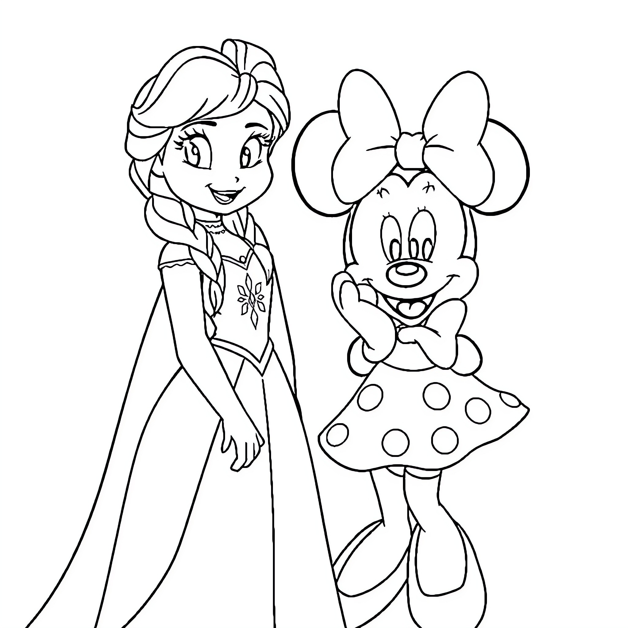 Anna and Minnie in Cheerful Embrace Coloring Page (free black-and-white line drawing printable PDF for all, from beginners to advanced learners, including children, teens, adults, and seniors)