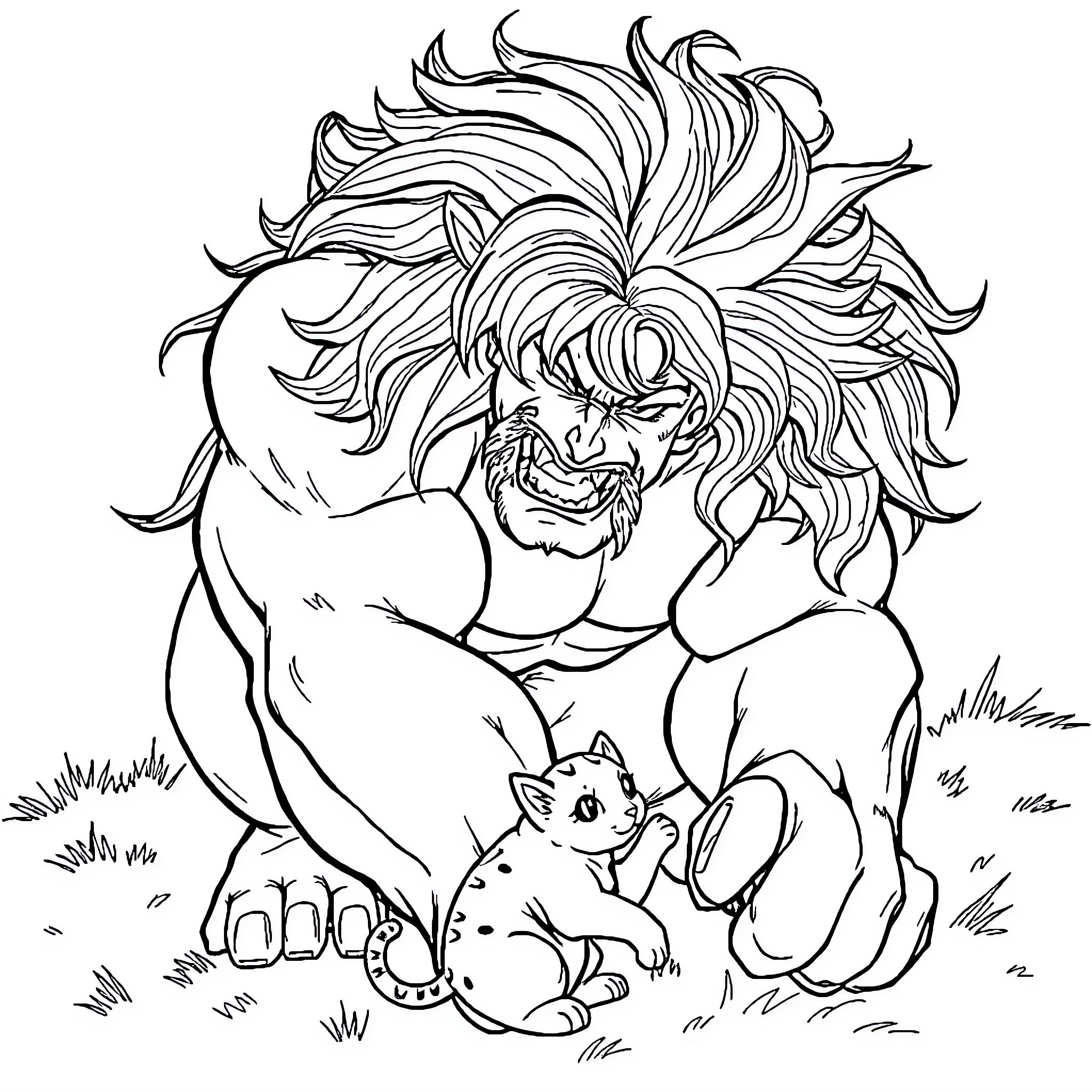 Broly interacting with a small animal in a natural setting Coloring Page (free black-and-white line drawing printable PDF for all, from beginners to advanced learners, including children, teens, adults, and seniors)