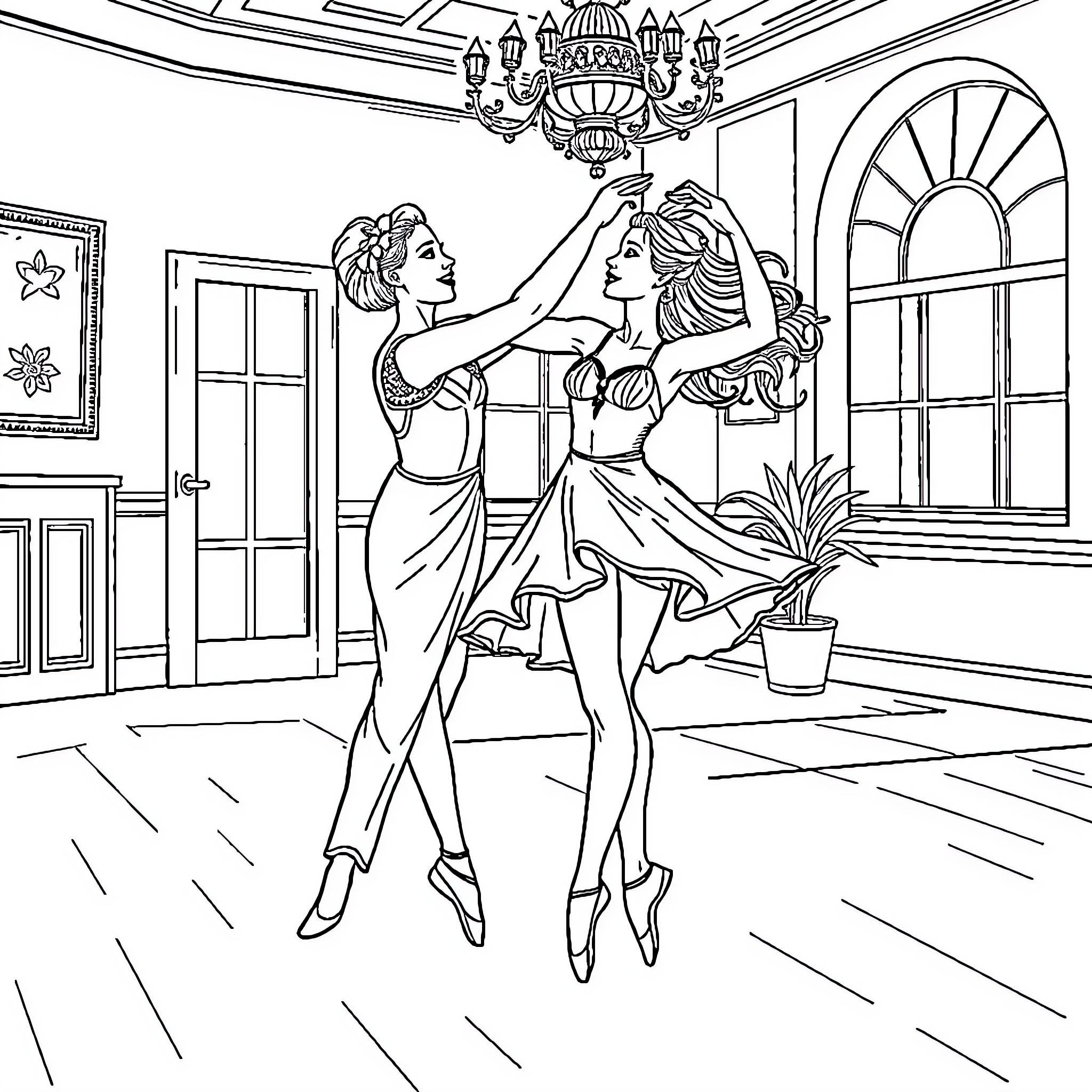 Katalina's Ballet Recital: Graceful Dancers Perform Coloring Page (free black-and-white line drawing printable PDF for all, from beginners to advanced learners, including children, teens, adults, and seniors)