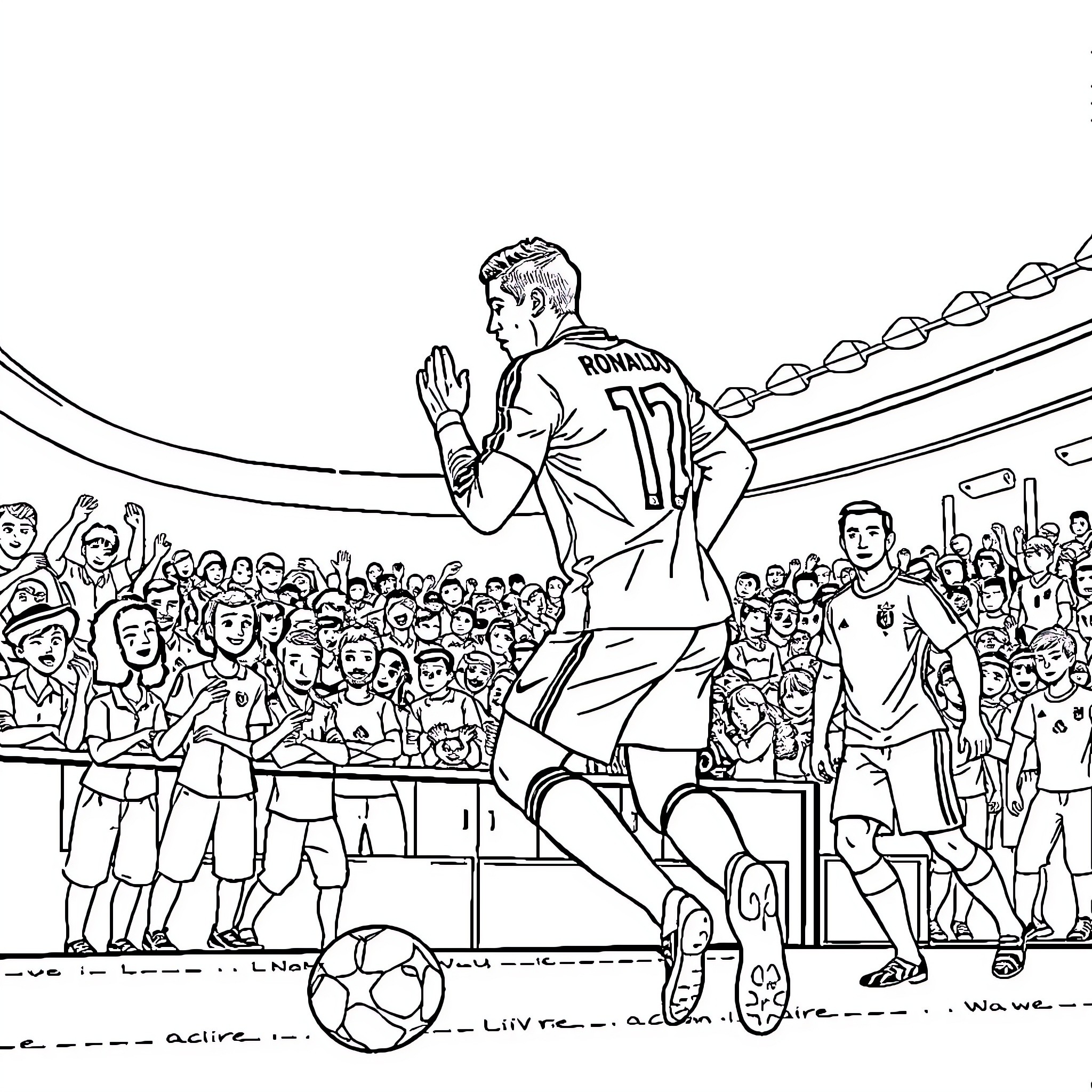 Cristiano Ronaldo Celebrates Goal on Soccer Field with Crowd Coloring Page (free black-and-white line drawing printable PDF for all, from beginners to advanced learners, including children, teens, adults, and seniors)