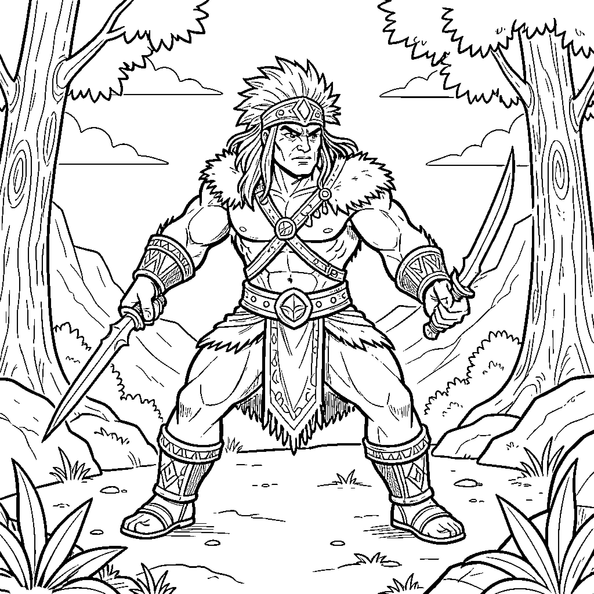 Creature warrior standing bravely in a forest setting Coloring Page (free black-and-white line drawing printable PDF for all, from beginners to advanced learners, including children, teens, adults, and seniors)